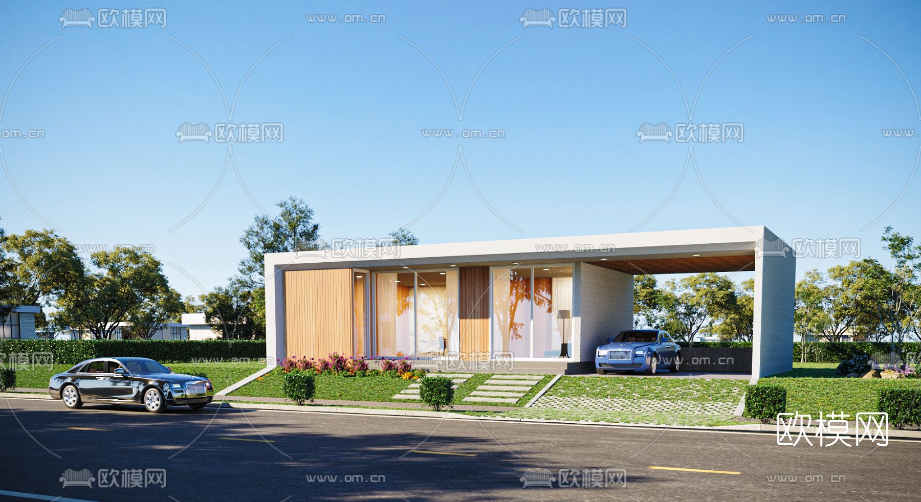 现代别墅外观3d模型下载（渲染图1）