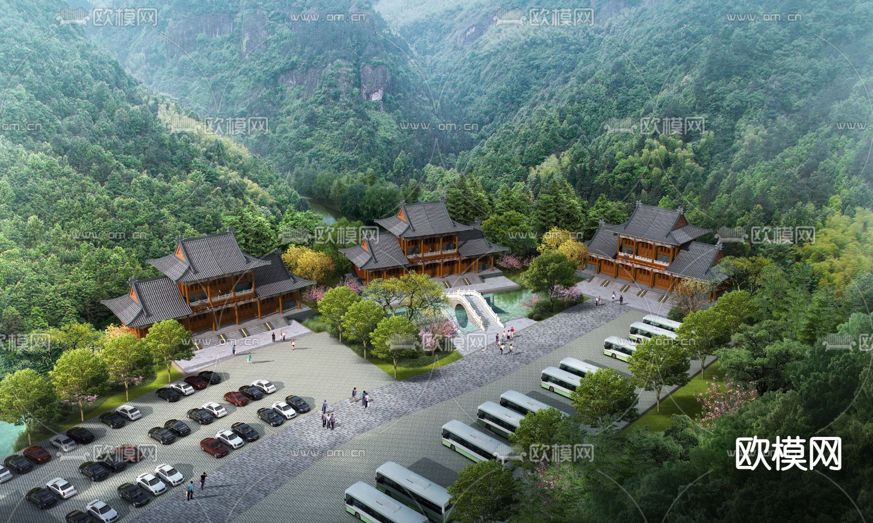 中式景区鸟瞰psd下载