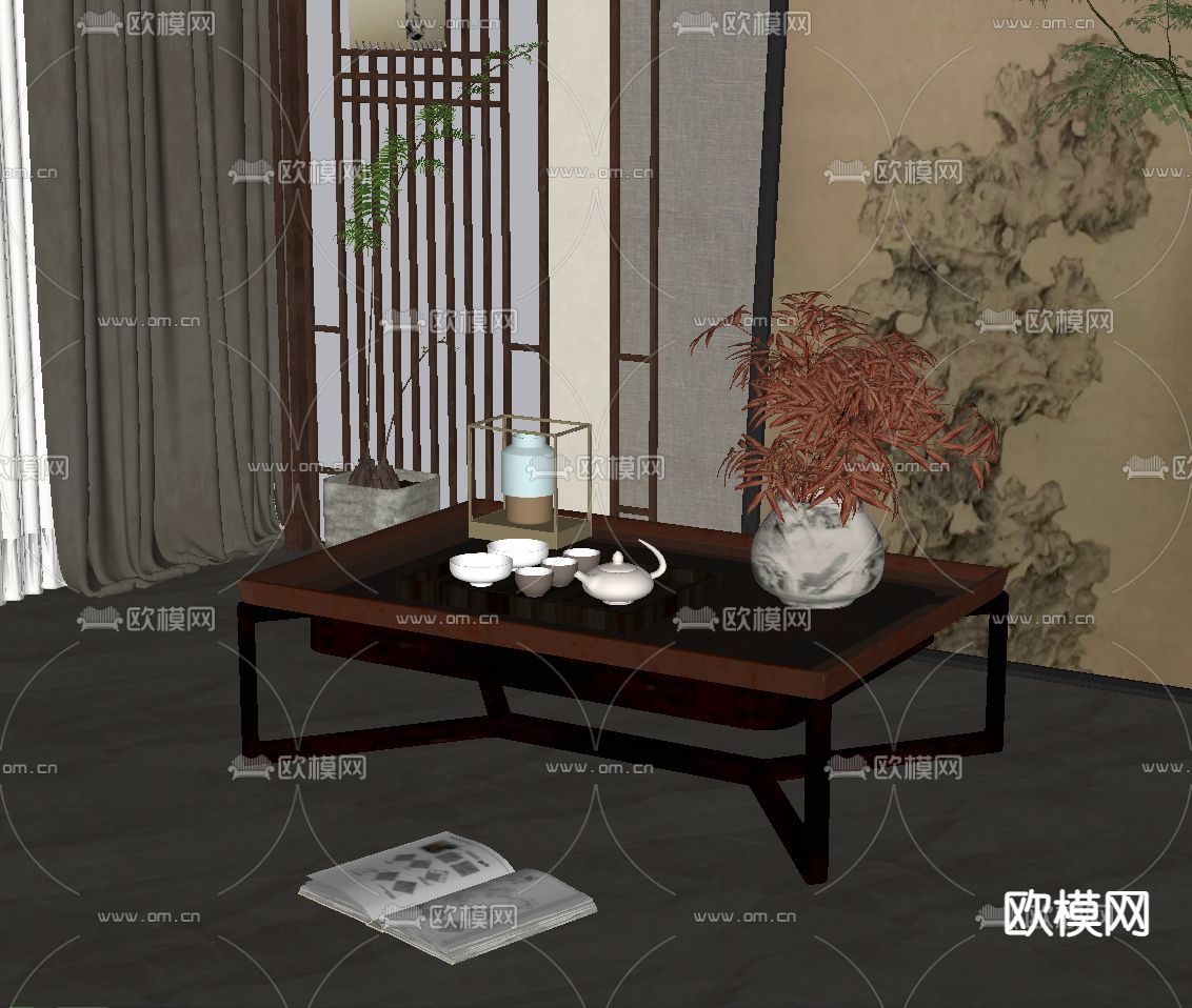 新中式实木茶几su模型下载（渲染图2）