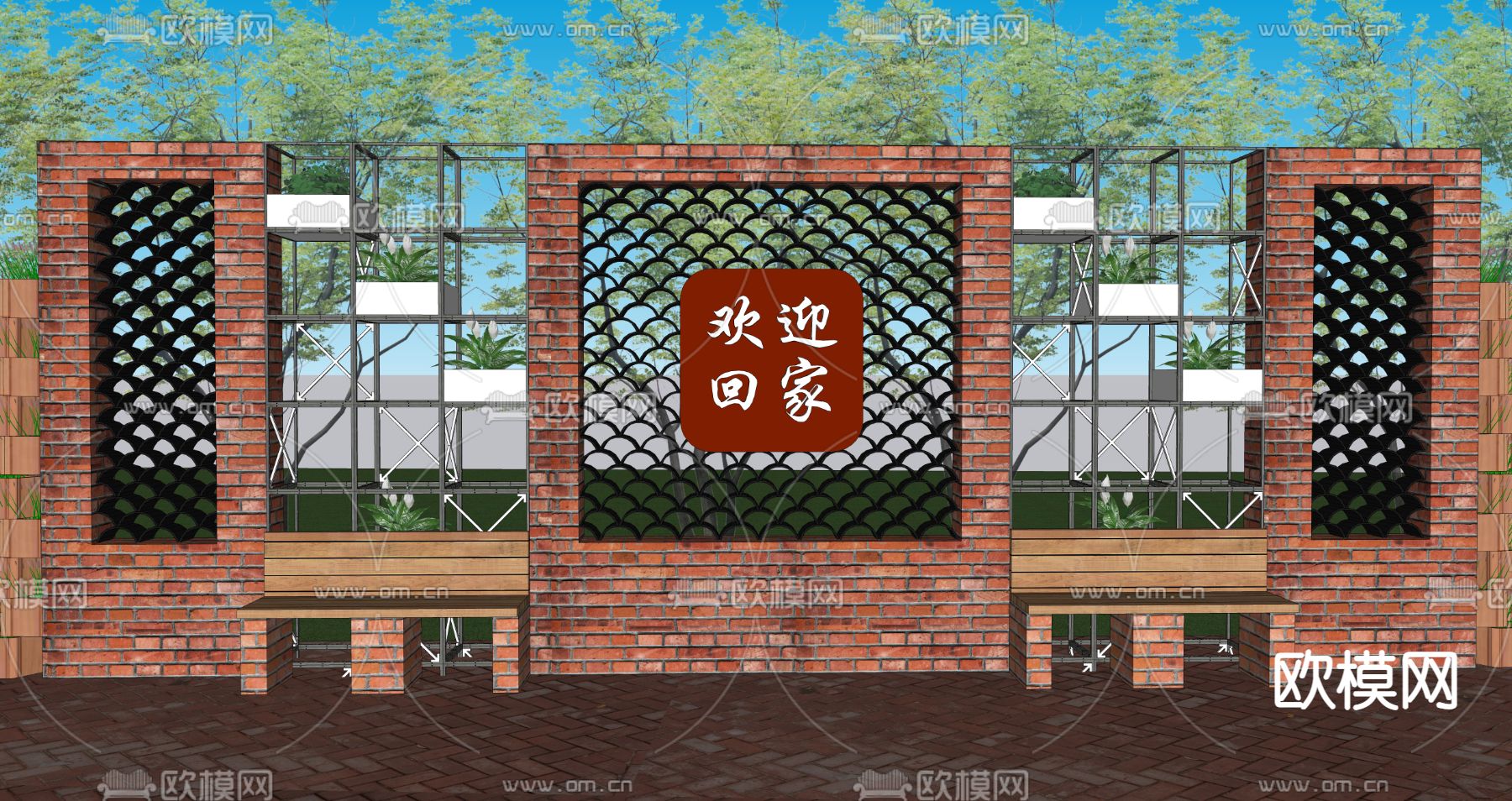 工业风红砖景墙小品su模型下载（渲染图2）