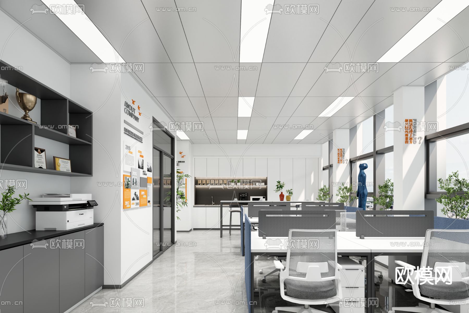 现代敞开式办公区su模型下载（渲染图1）