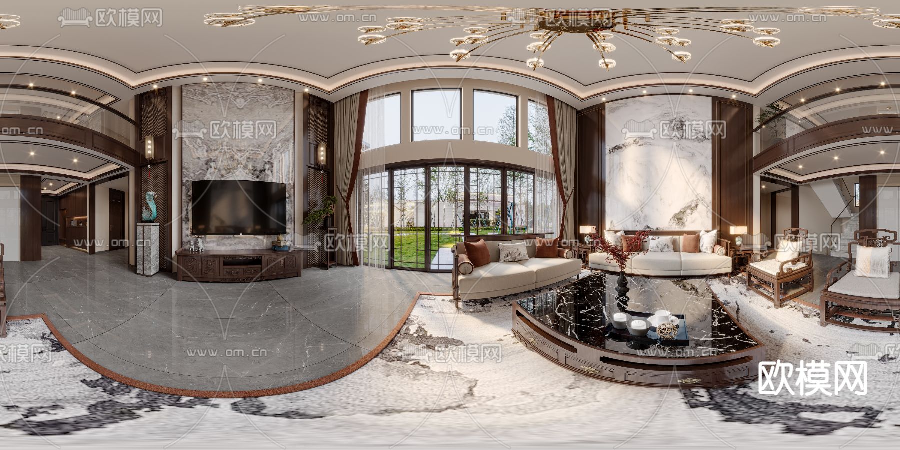 新中式别墅客厅CR全景3d模型下载_ID12233300_3dmax免费模型-欧模网