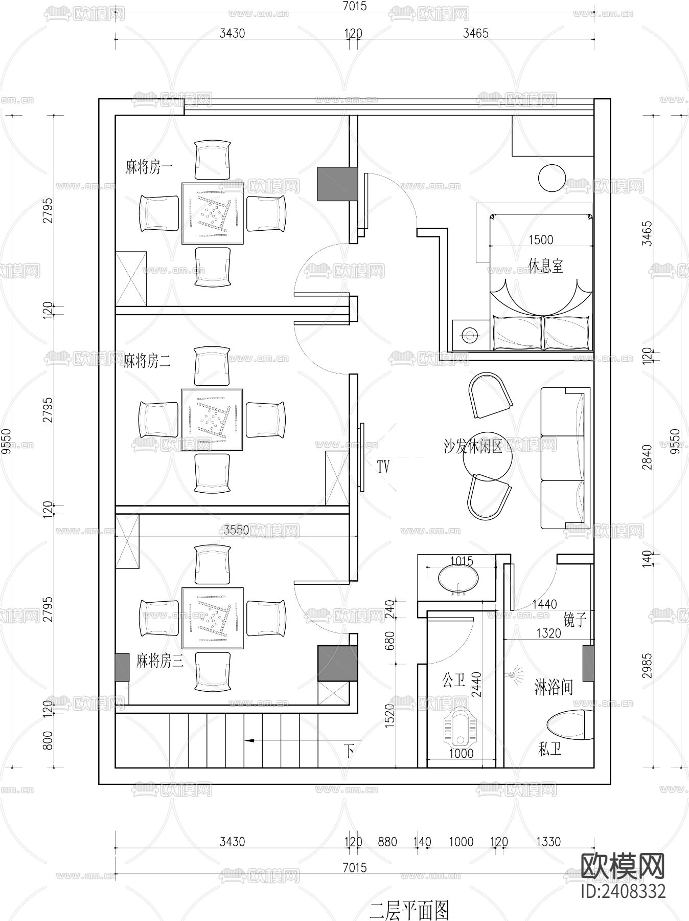 麻将房棋牌室平面设计cad施工图下载（渲染图2）
