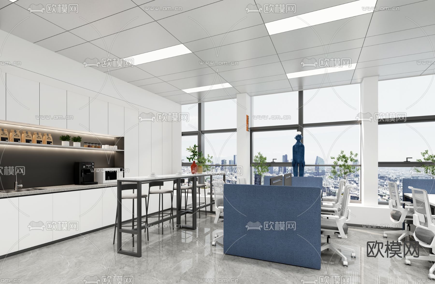 现代敞开式办公区su模型下载（渲染图3）