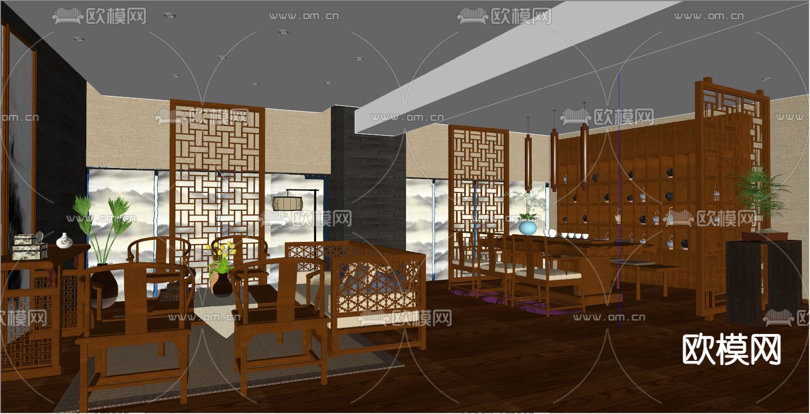 新中式茶馆su模型下载（渲染图2）