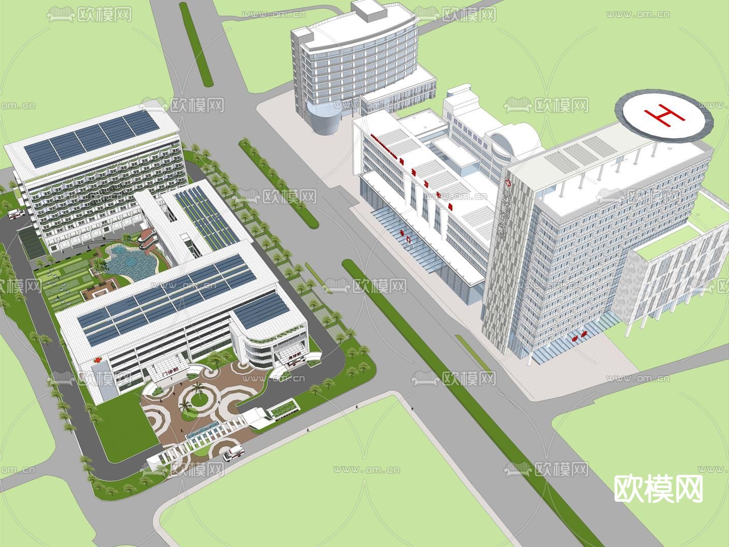 现代医院鸟瞰su模型下载（渲染图1）