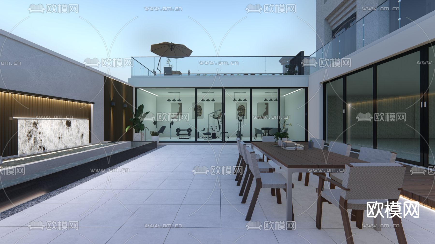 现代水景墙 健身房su模型下载（渲染图2）