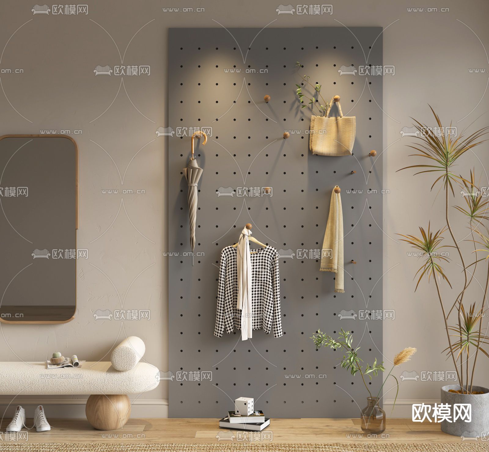 现代洞洞板置物架su模型下载（渲染图1）