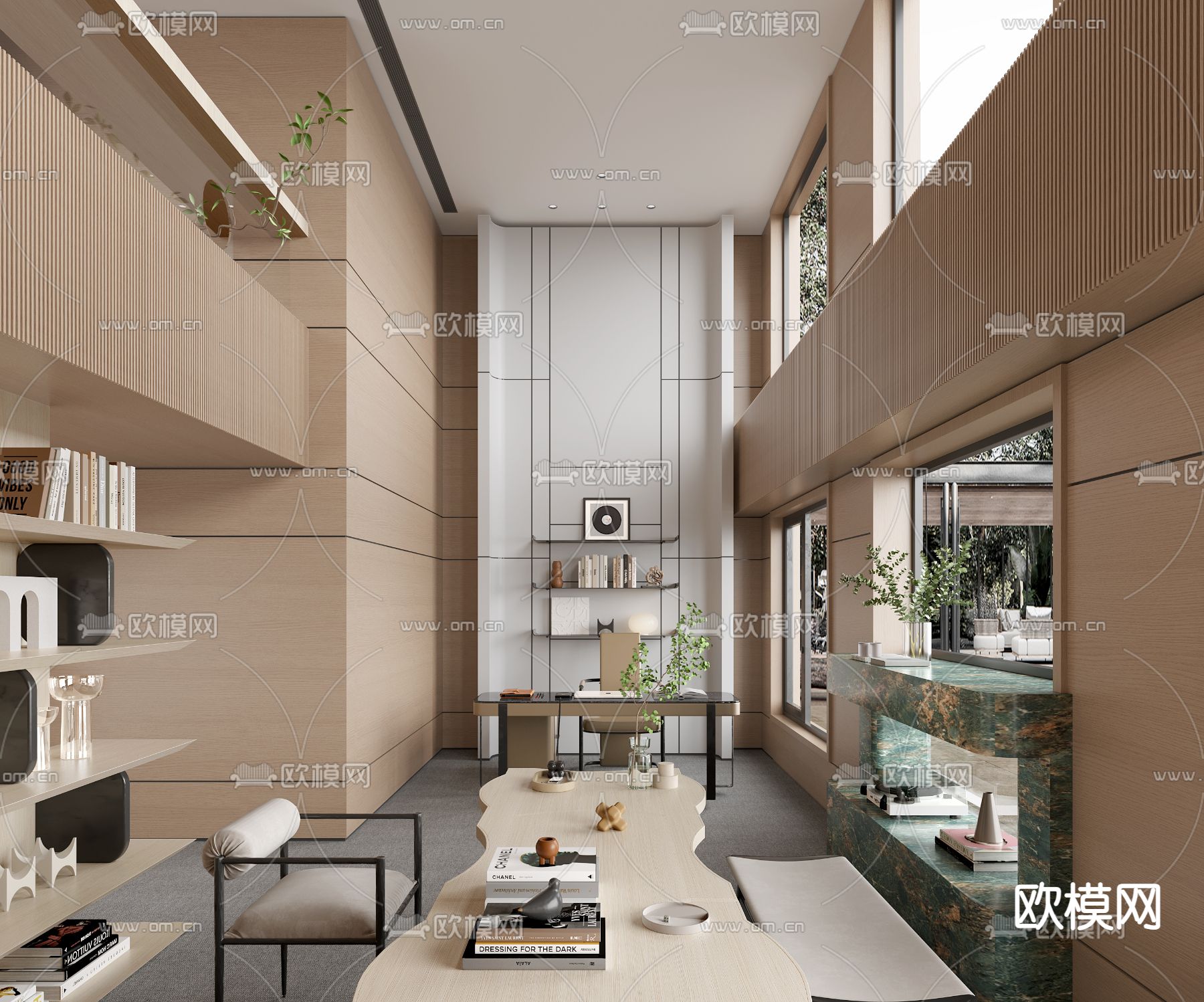 新中式挑空书房3d模型下载_ID12236229_3dmax免费模型-欧模网