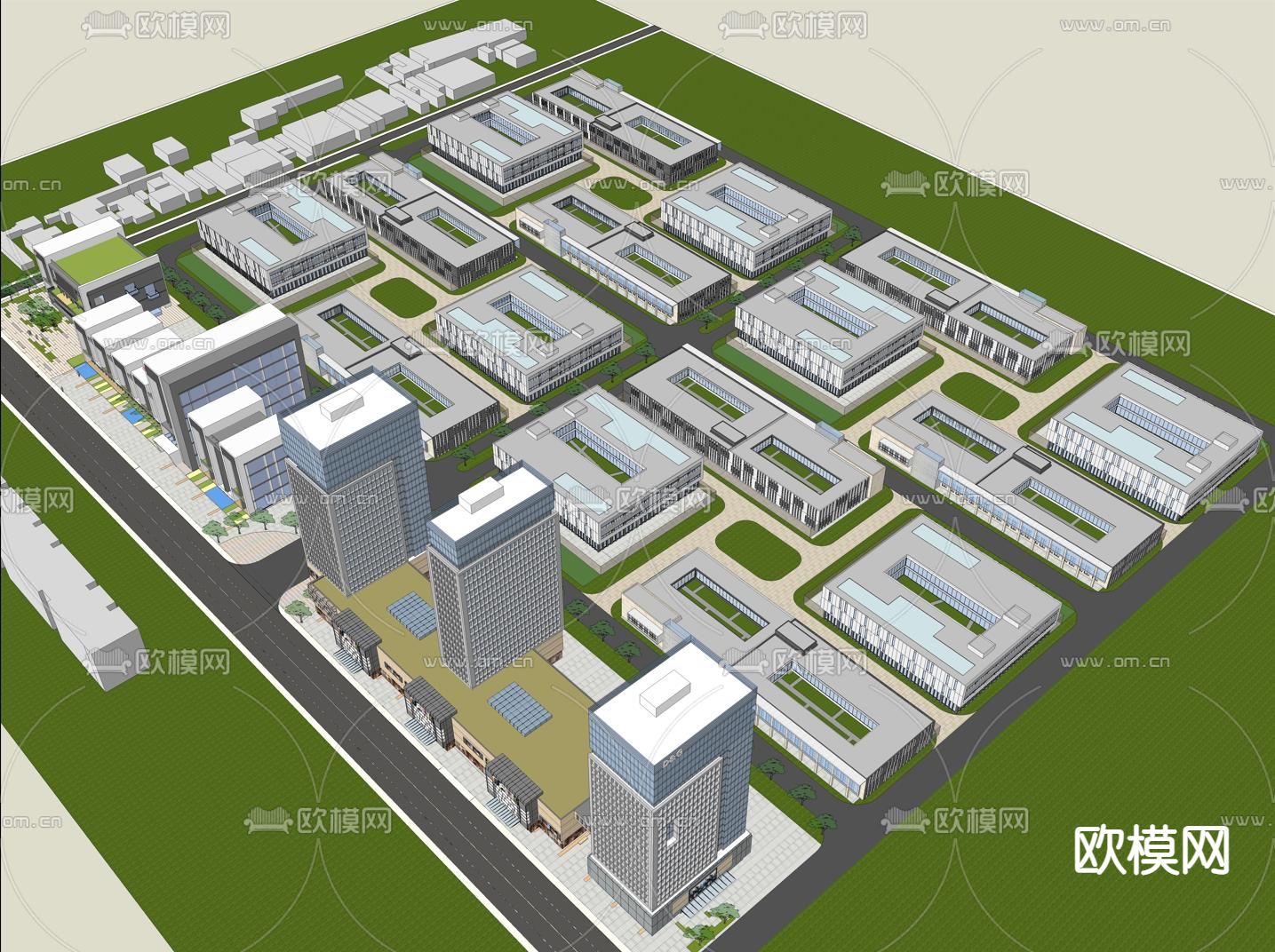 现代办公产业园鸟瞰su模型下载（渲染图1）