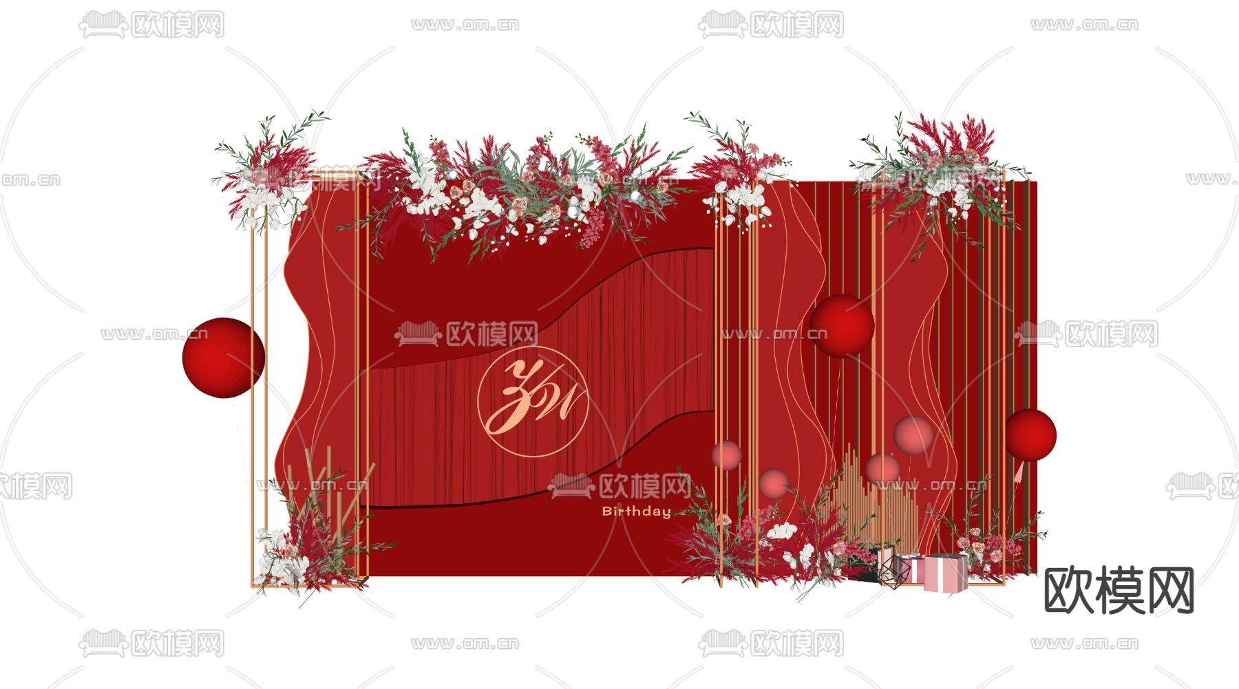 中国红婚庆舞台su模型下载（渲染图2）