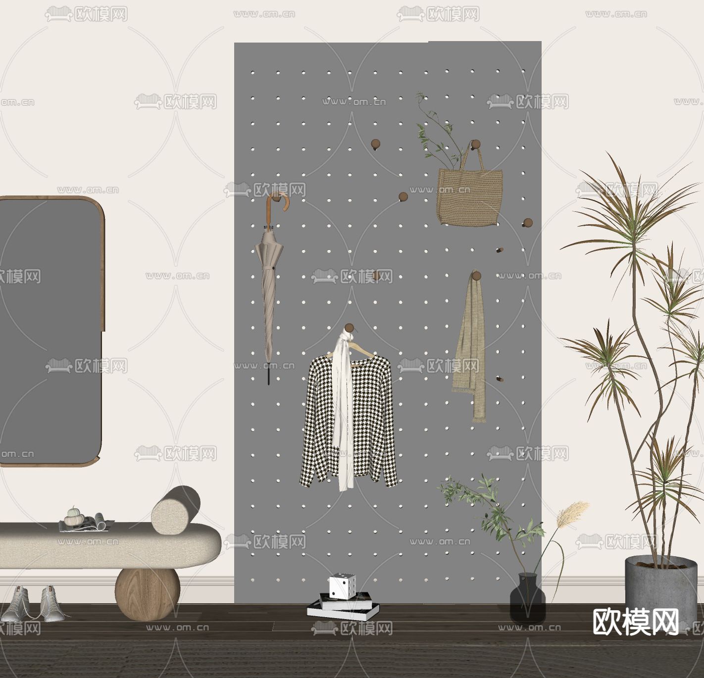 现代洞洞板置物架su模型下载（渲染图2）