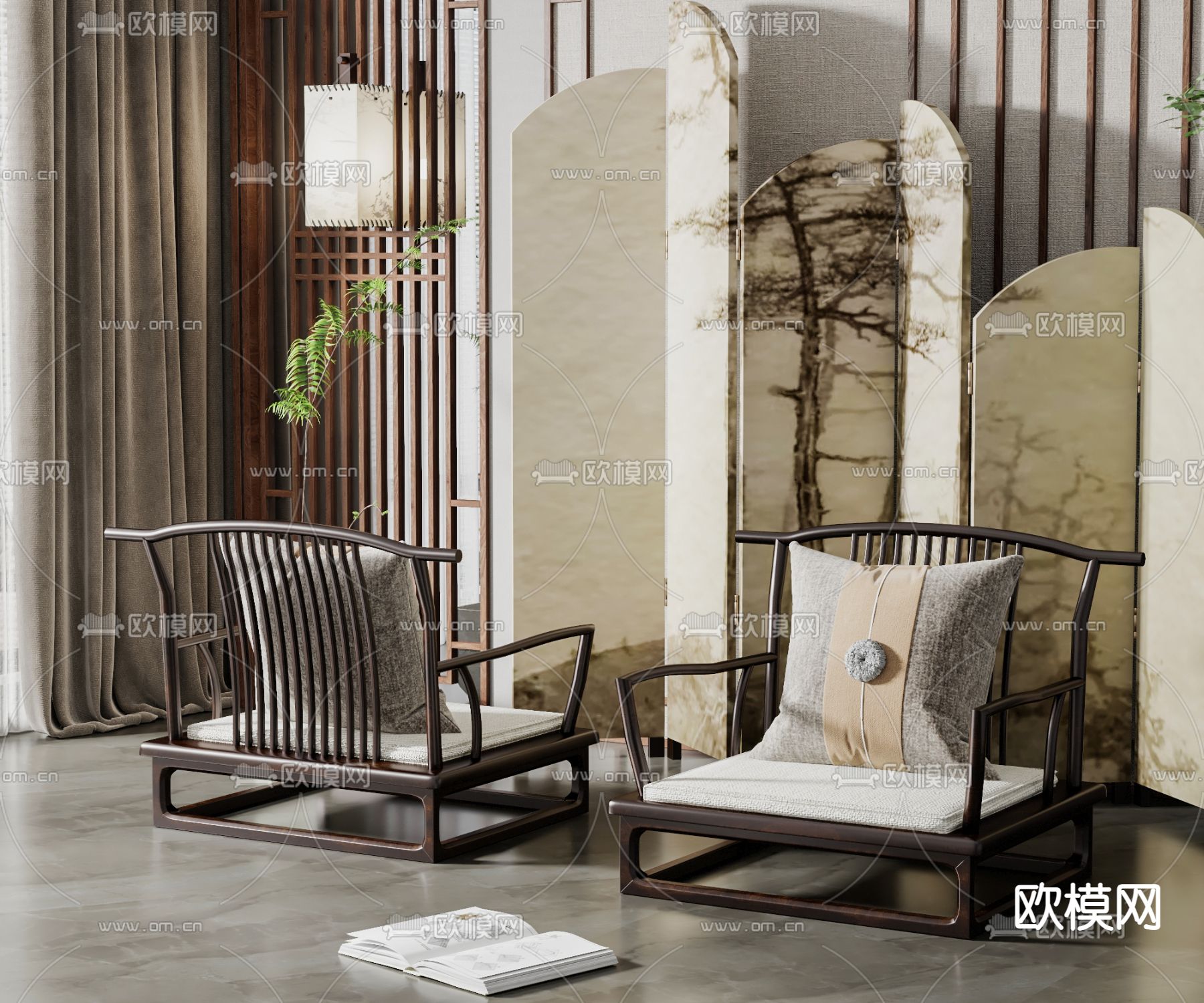 新中式休闲椅su模型下载（渲染图1）