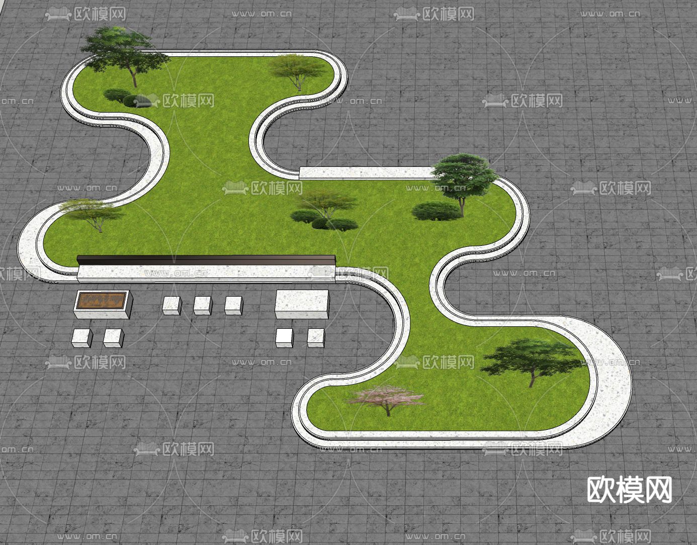 曲线树池 户外椅su模型下载（渲染图1）