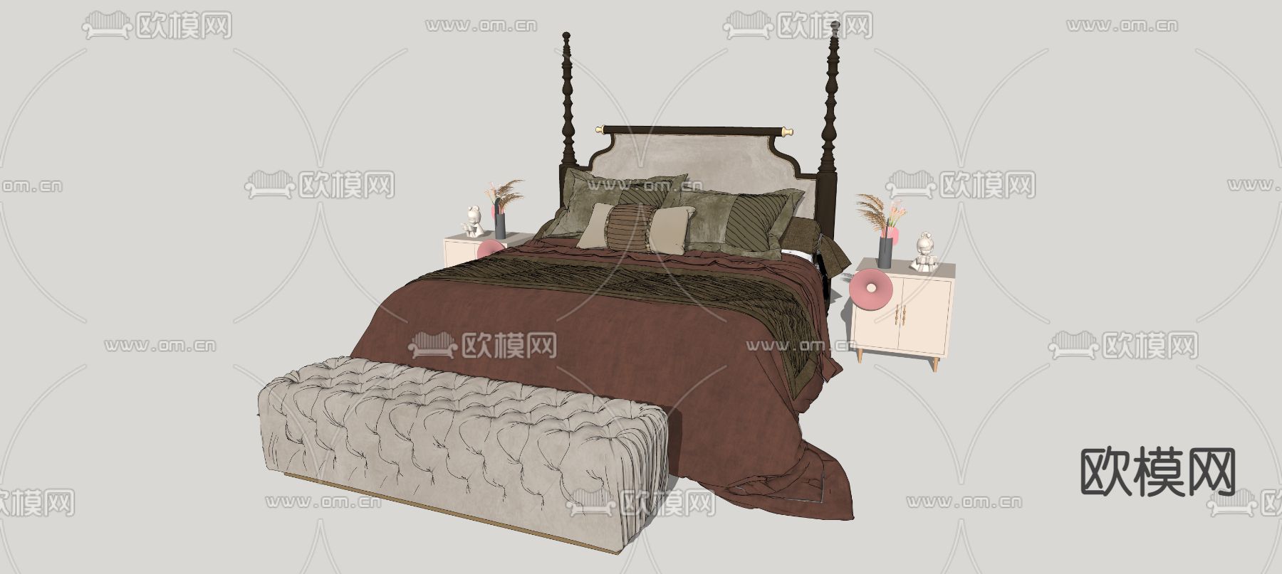 法式双人床su模型下载（渲染图3）