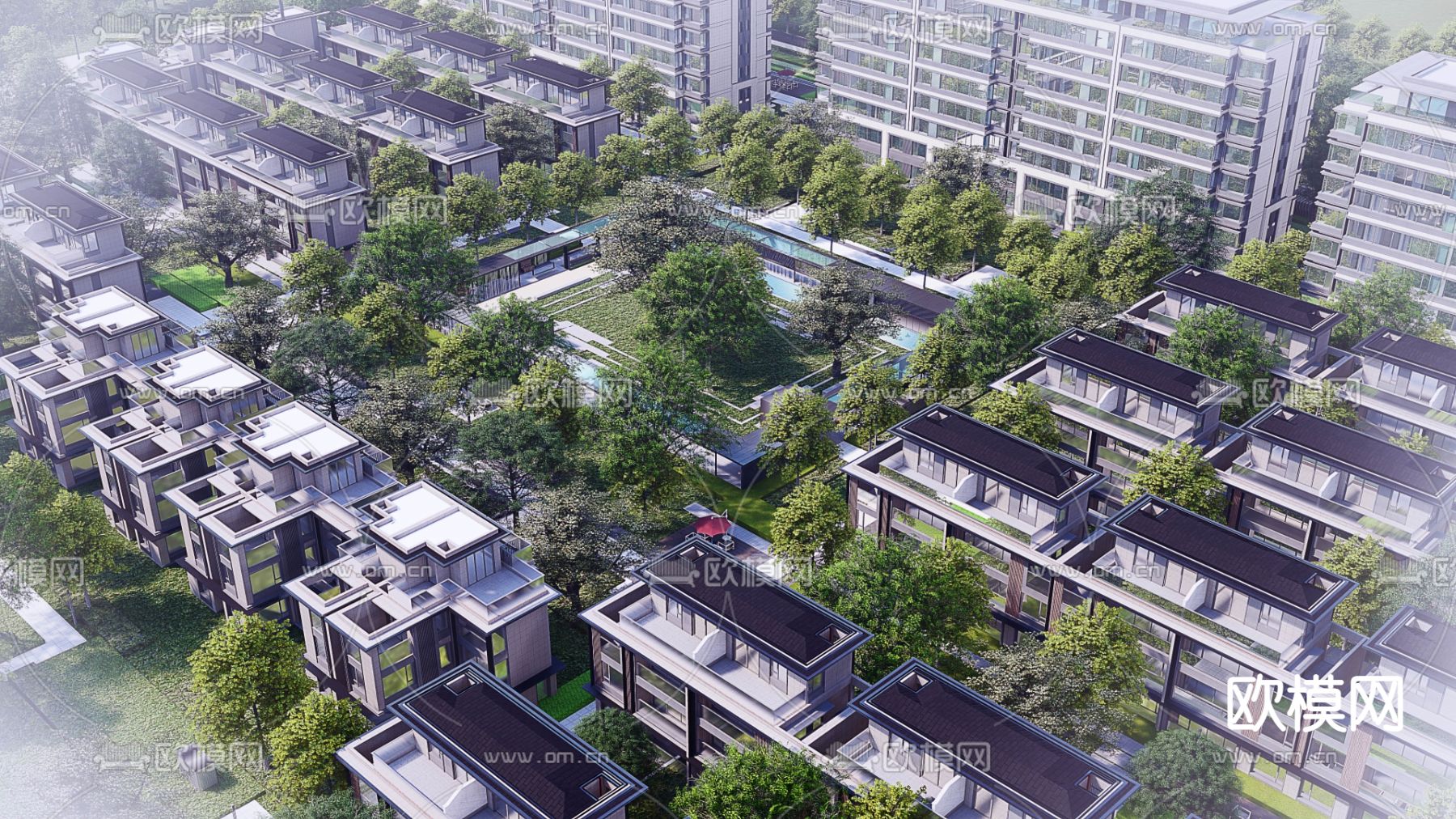 现代联排别墅鸟瞰su模型下载（渲染图1）