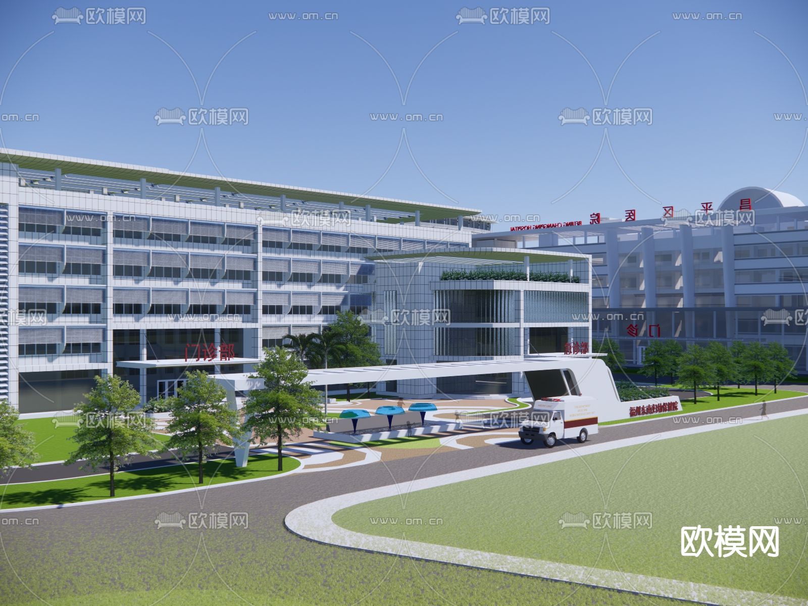 现代医院鸟瞰su模型下载（渲染图2）