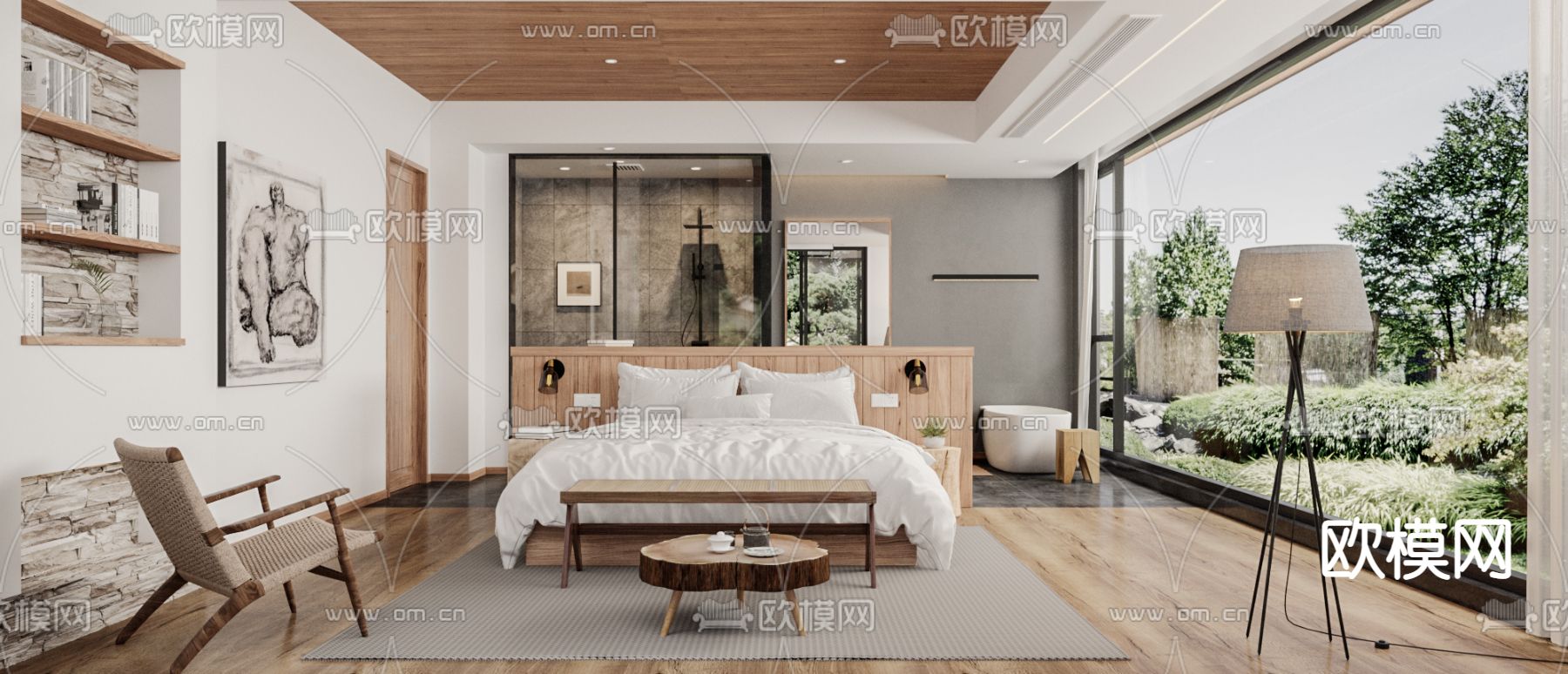 现代民宿客房 大床房3d模型下载（渲染图1）