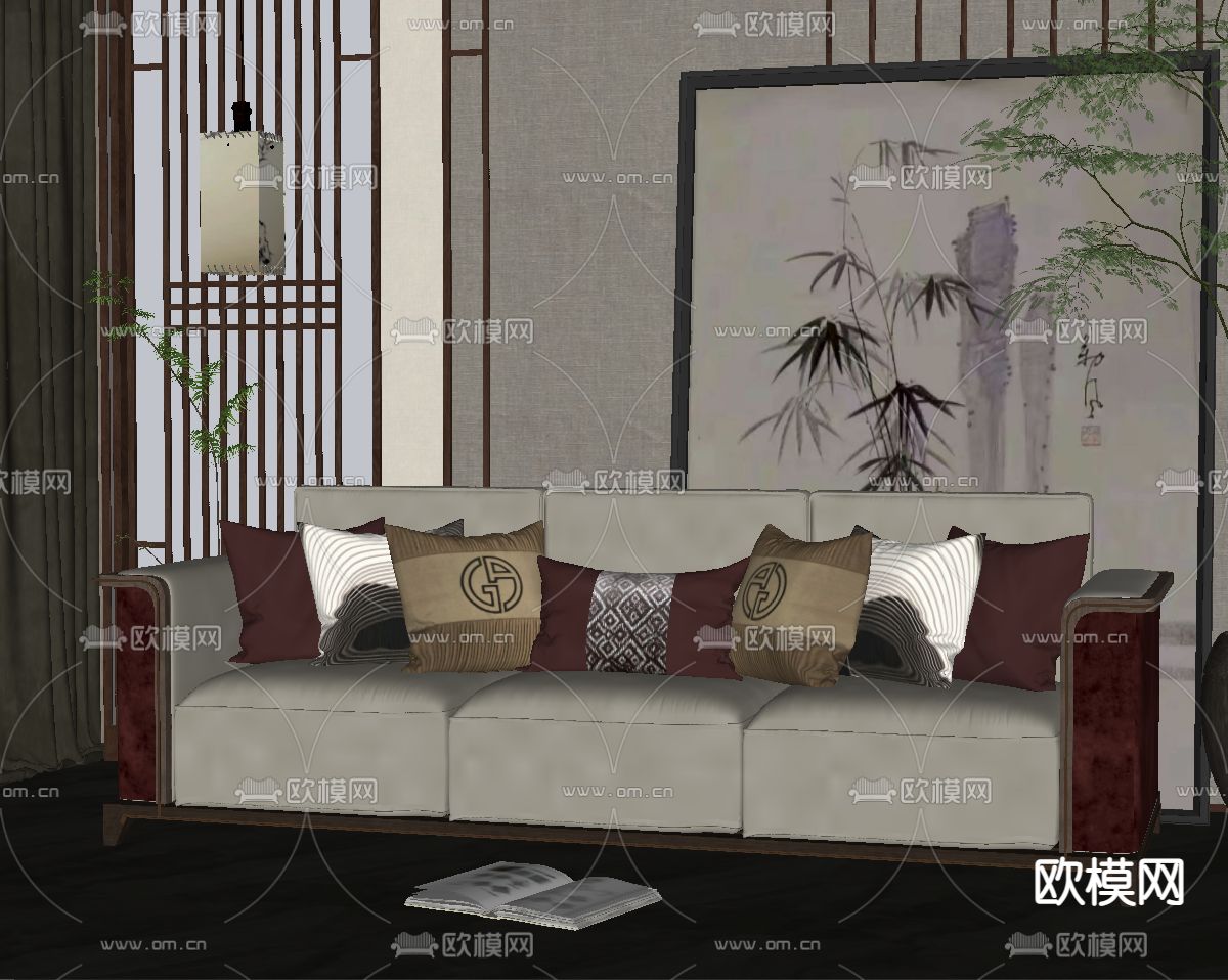 新中式布艺沙发su模型下载（渲染图2）