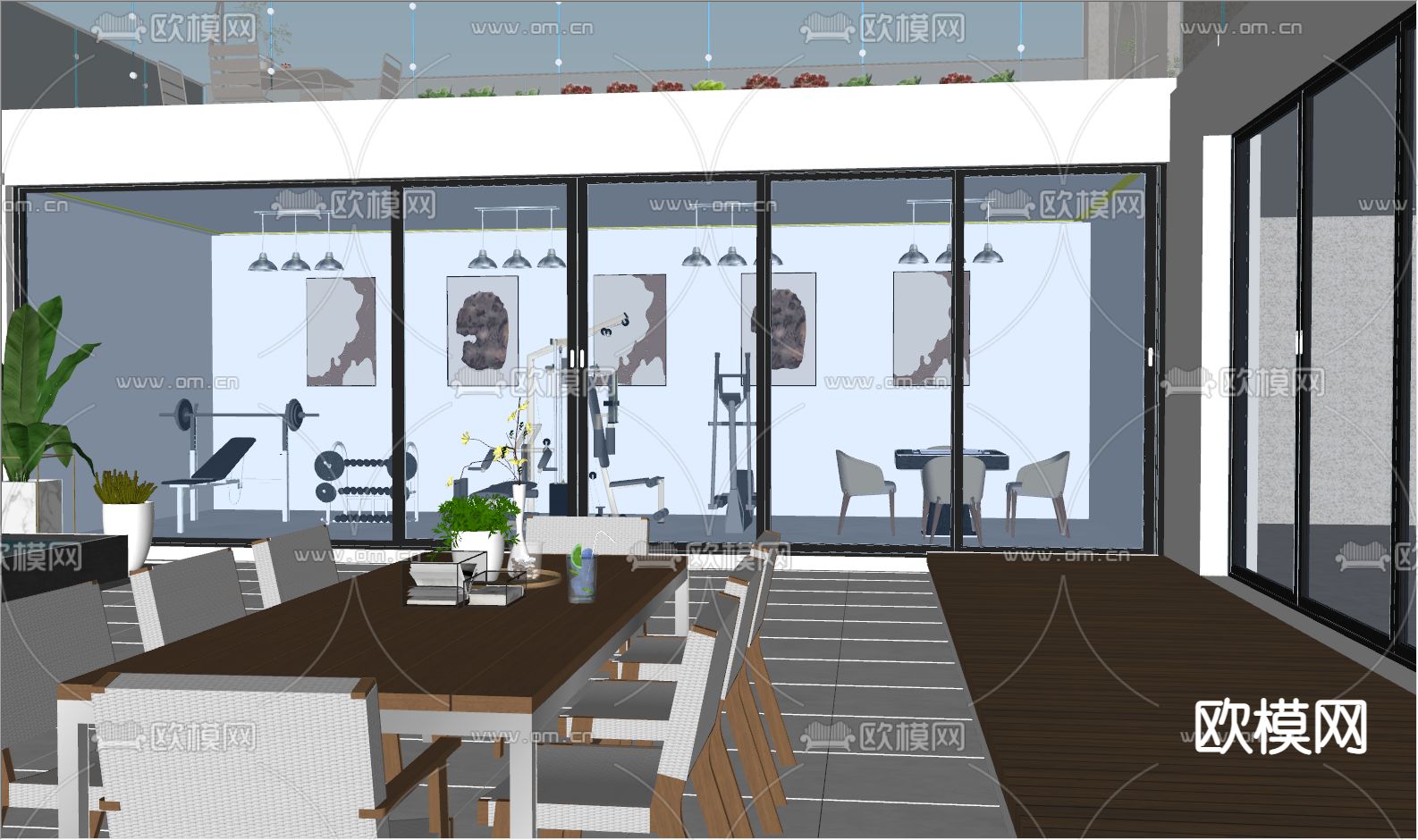 现代水景墙 健身房su模型下载（渲染图5）