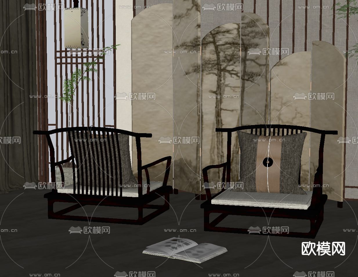 新中式休闲椅su模型下载（渲染图2）