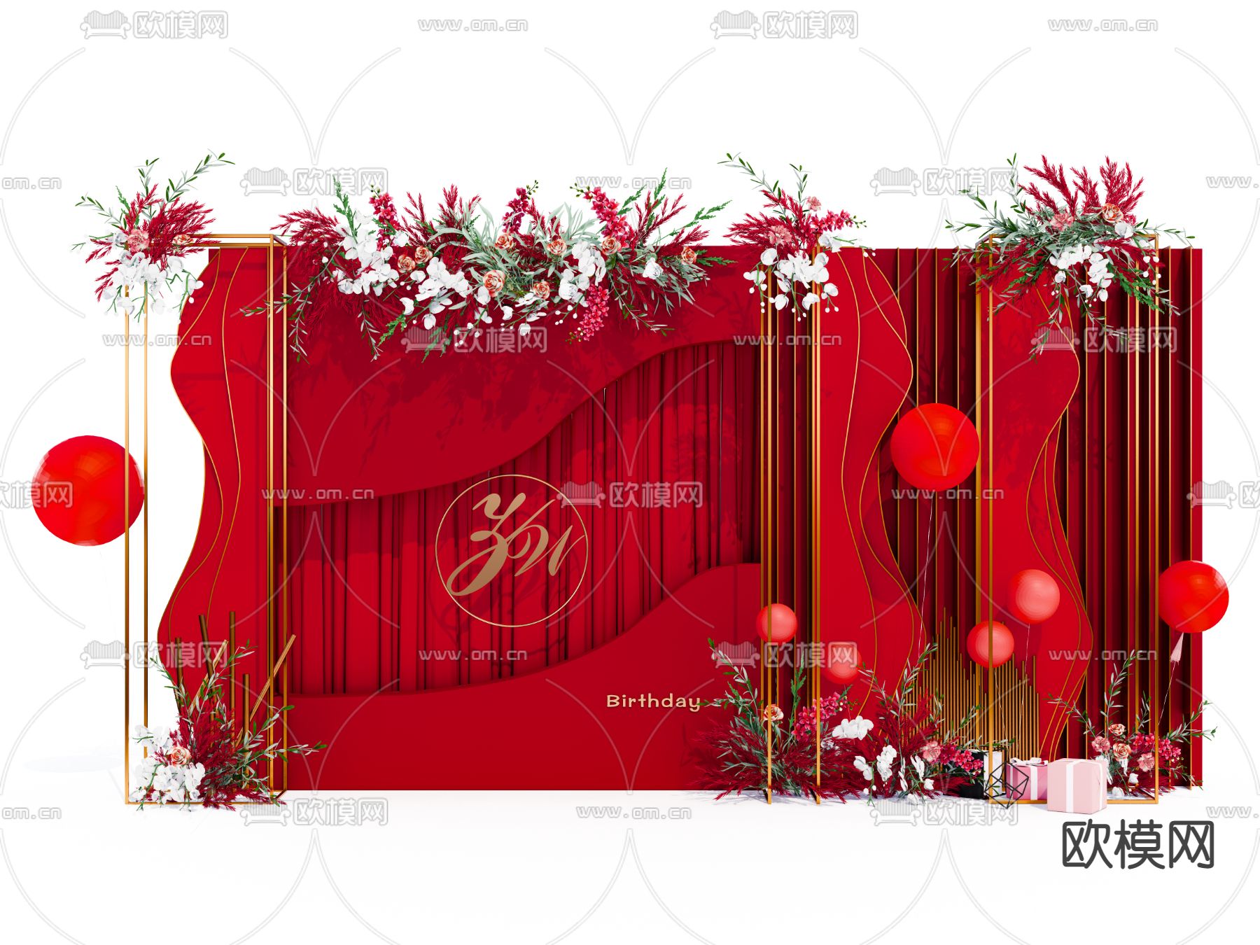 中国红婚庆舞台su模型下载（渲染图1）