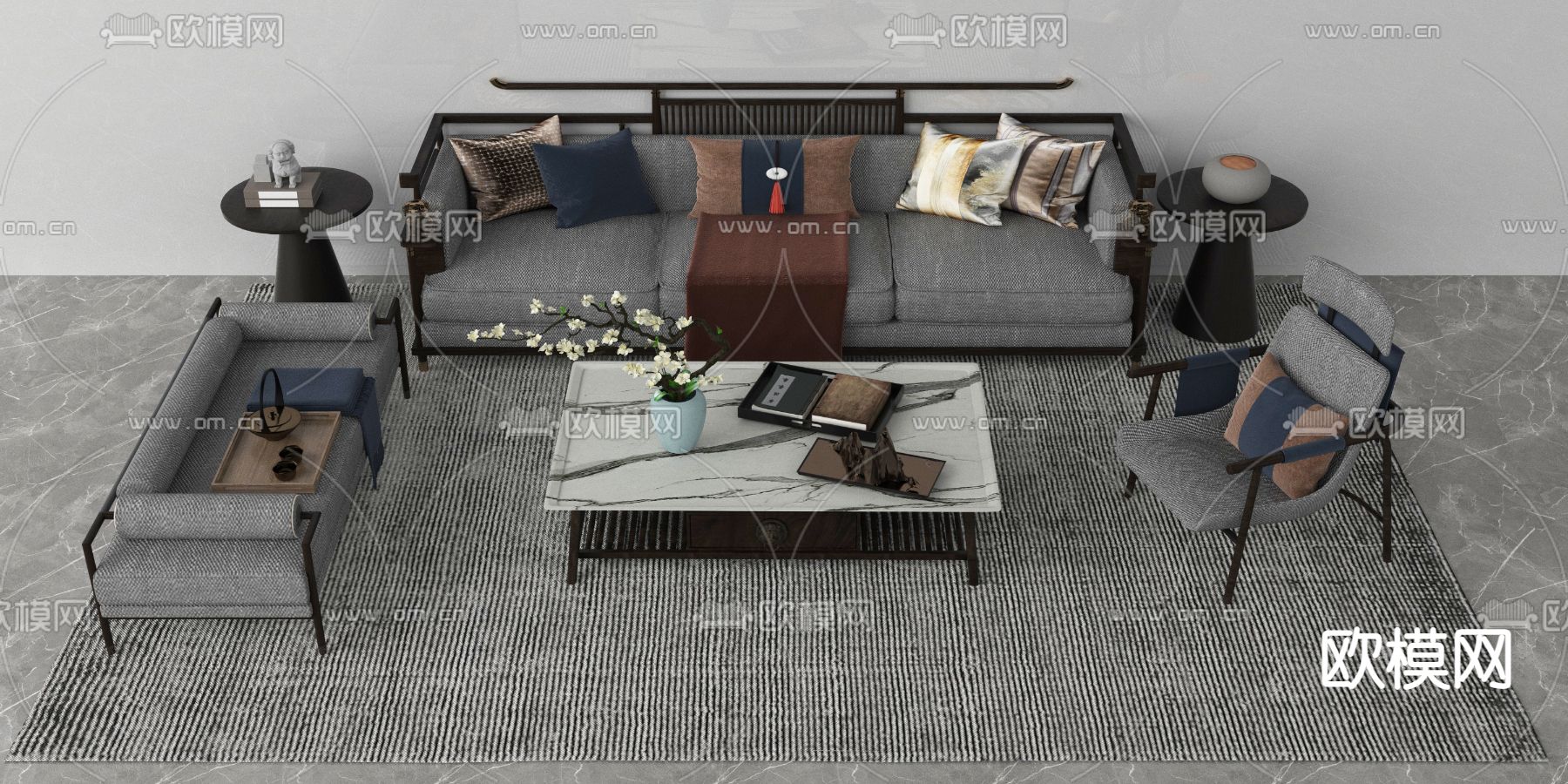 新中式沙发茶几组合su模型下载（渲染图2）