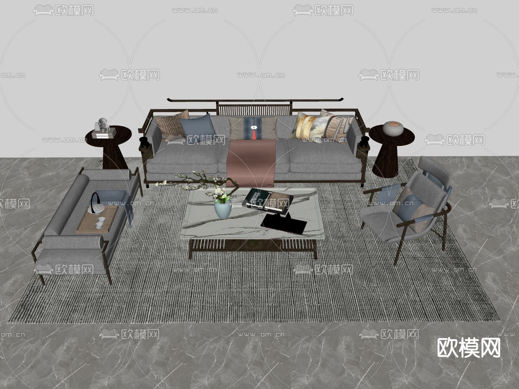 新中式沙发茶几组合su模型下载（渲染图1）