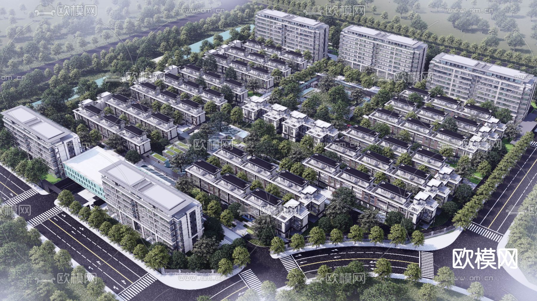 现代联排别墅鸟瞰su模型下载（渲染图2）