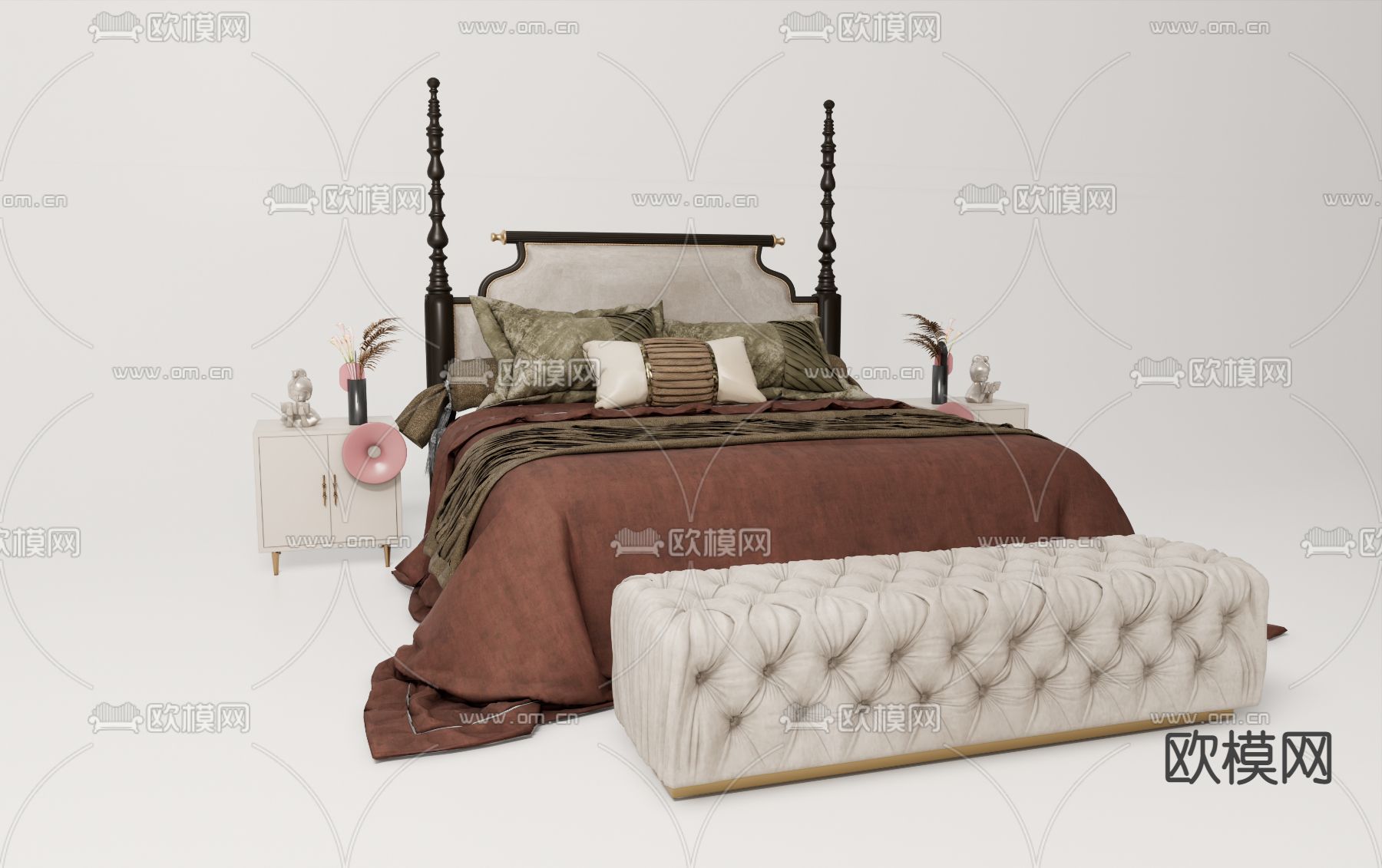 法式双人床su模型下载（渲染图1）