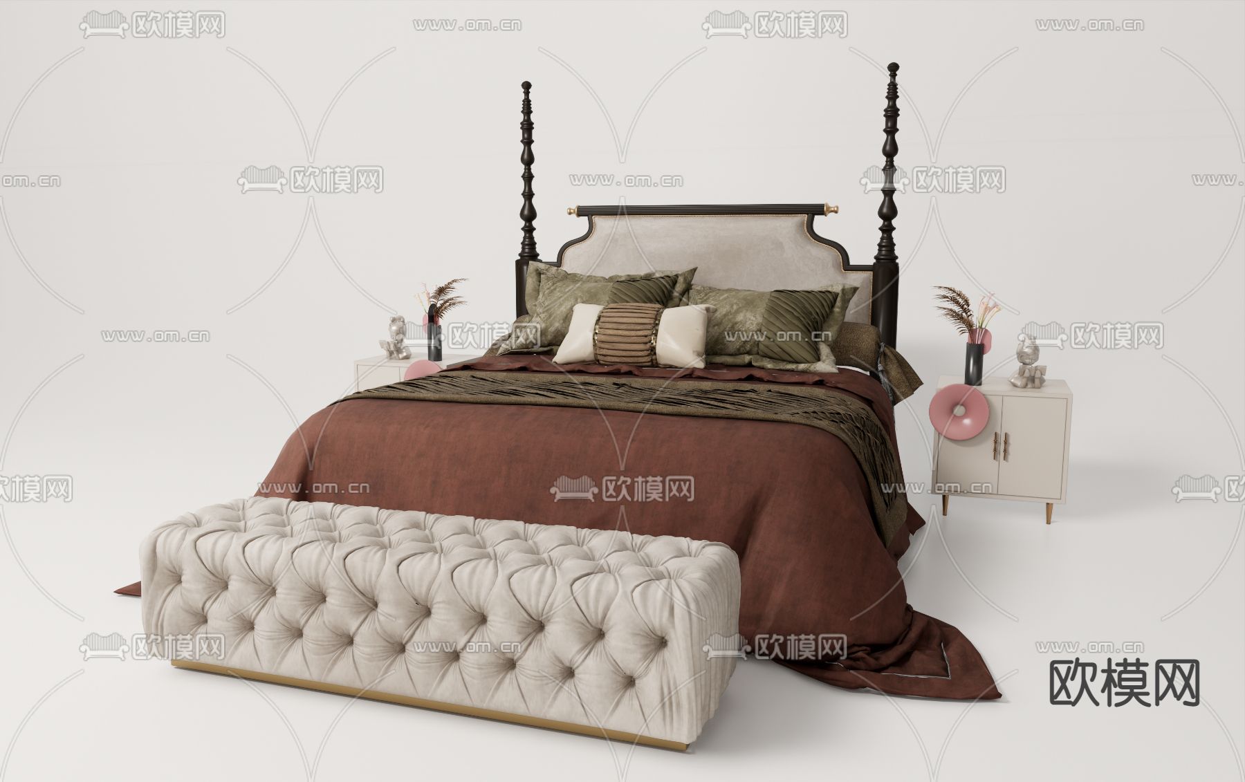 法式双人床su模型下载（渲染图2）