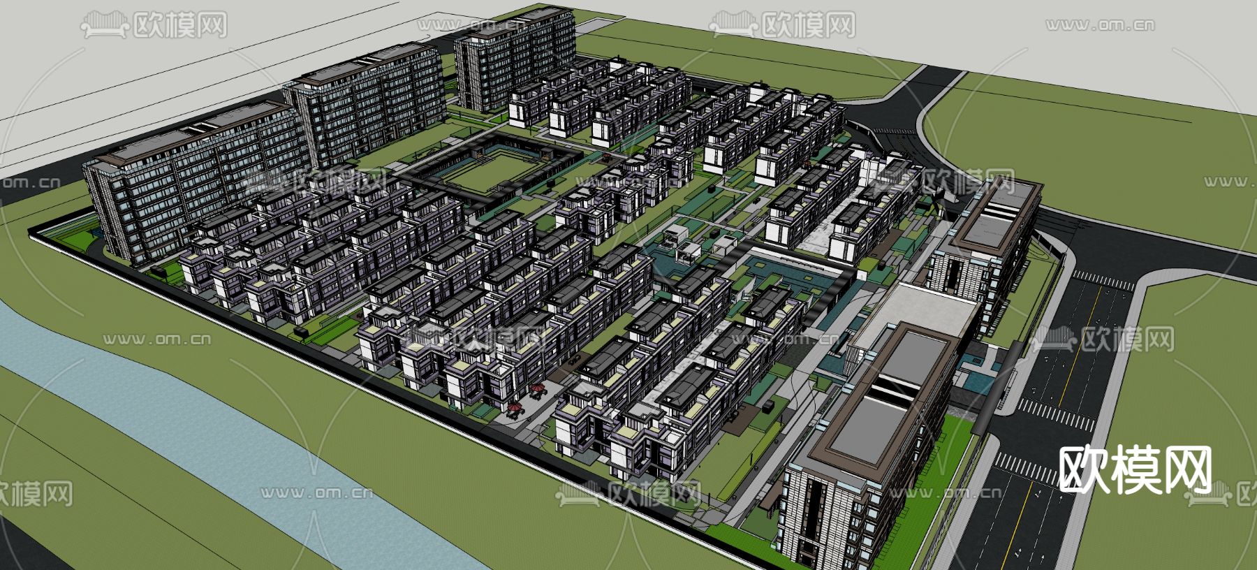 现代联排别墅鸟瞰su模型下载（渲染图3）