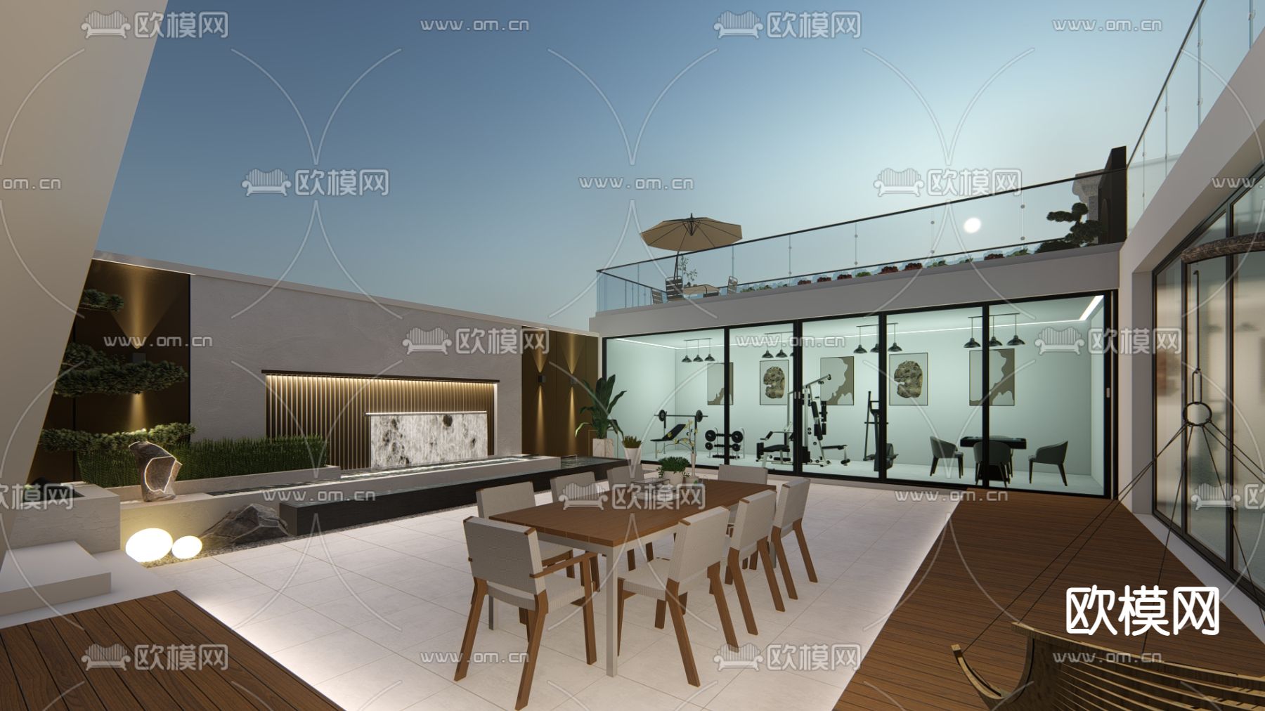 现代水景墙 健身房su模型下载（渲染图1）