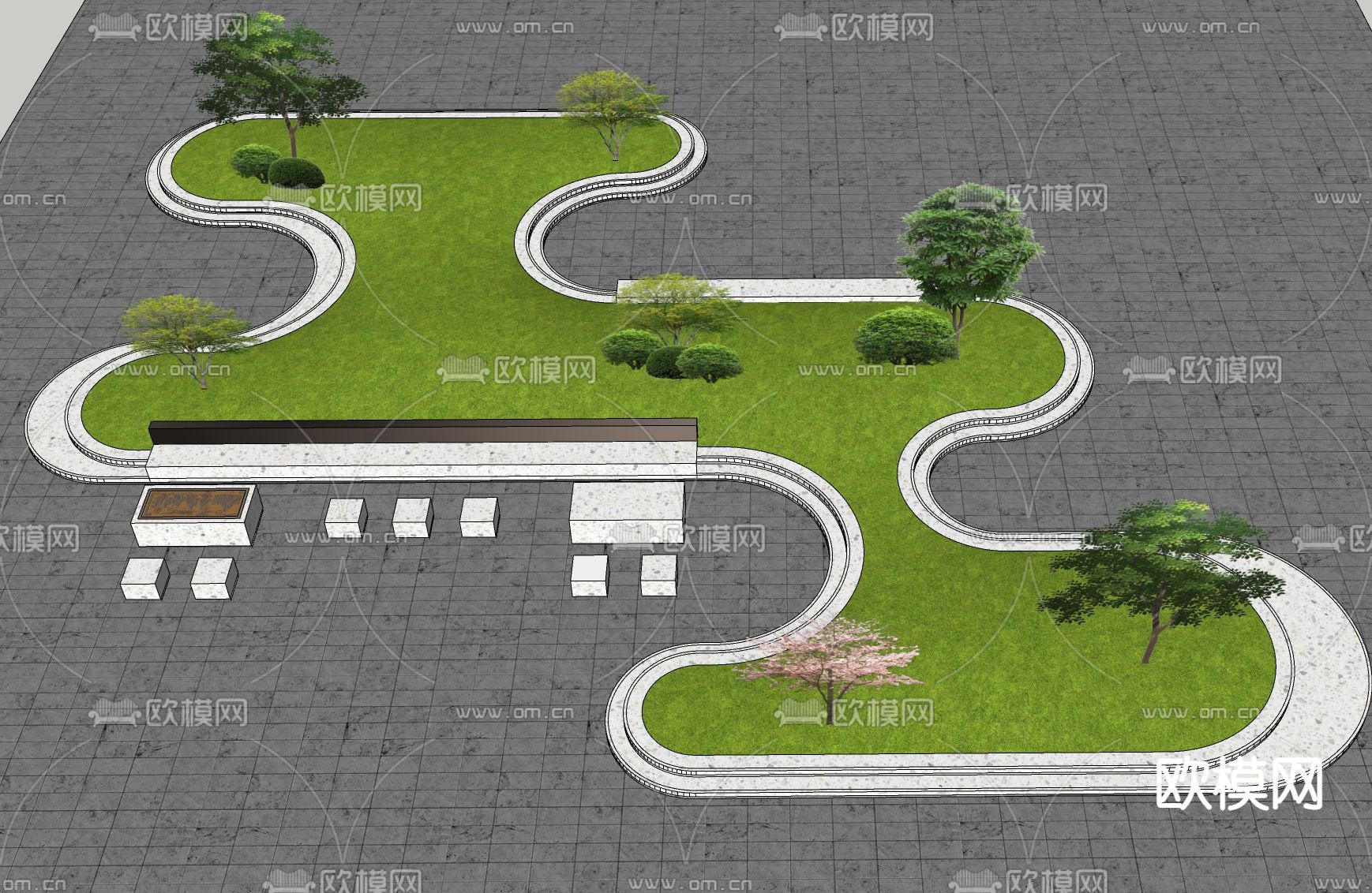 曲线树池 户外椅su模型下载（渲染图2）
