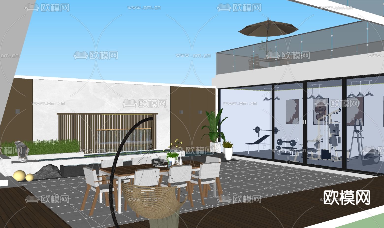 现代水景墙 健身房su模型下载（渲染图3）