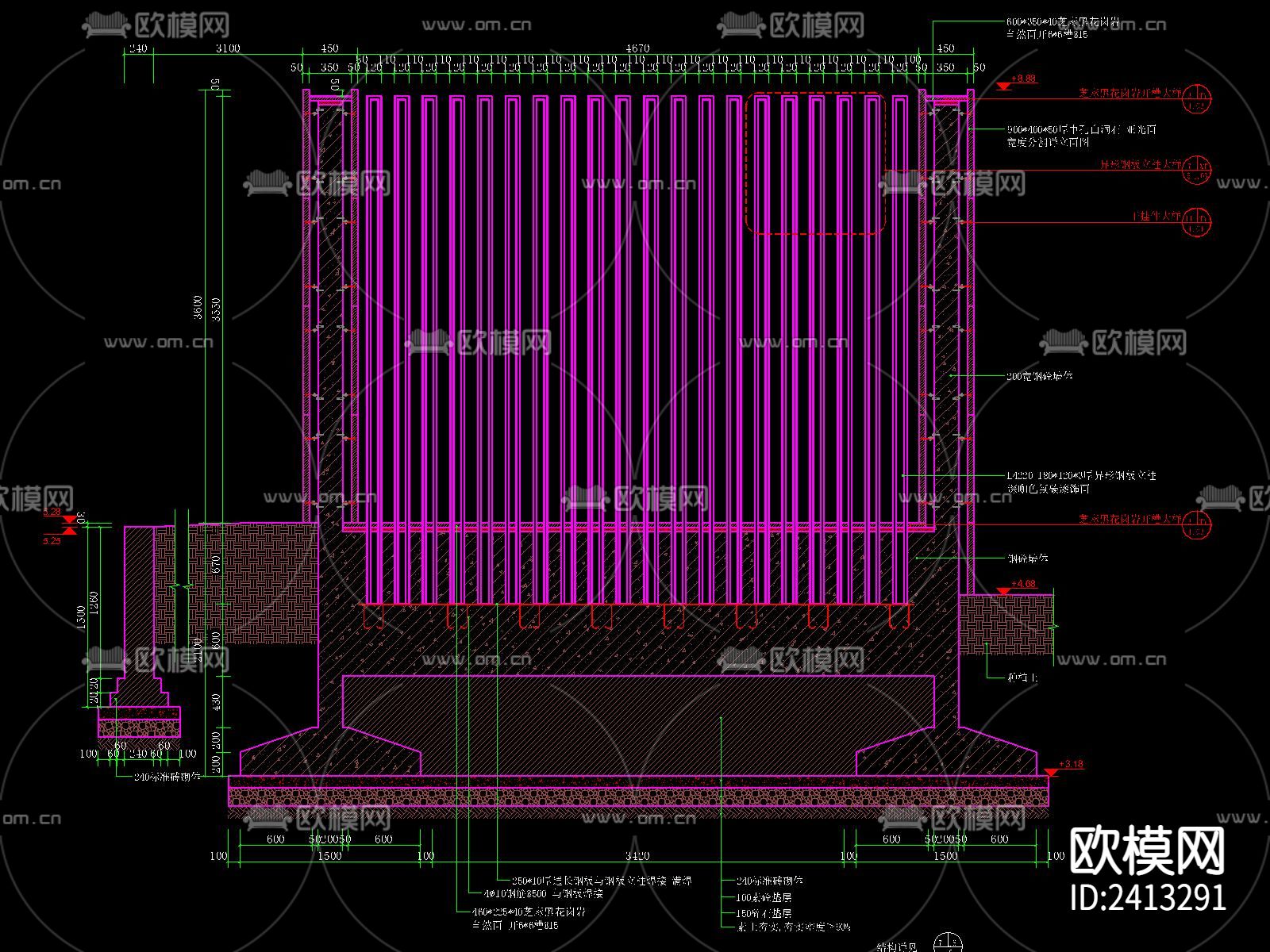 新中式围墙cad节点大样图下载（渲染图5）