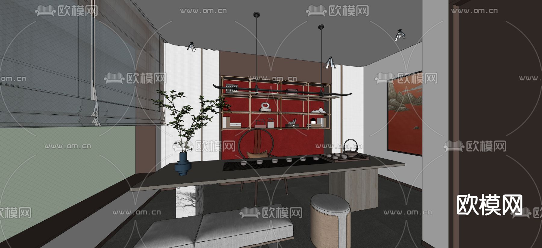 新中式茶室su模型下载（渲染图3）