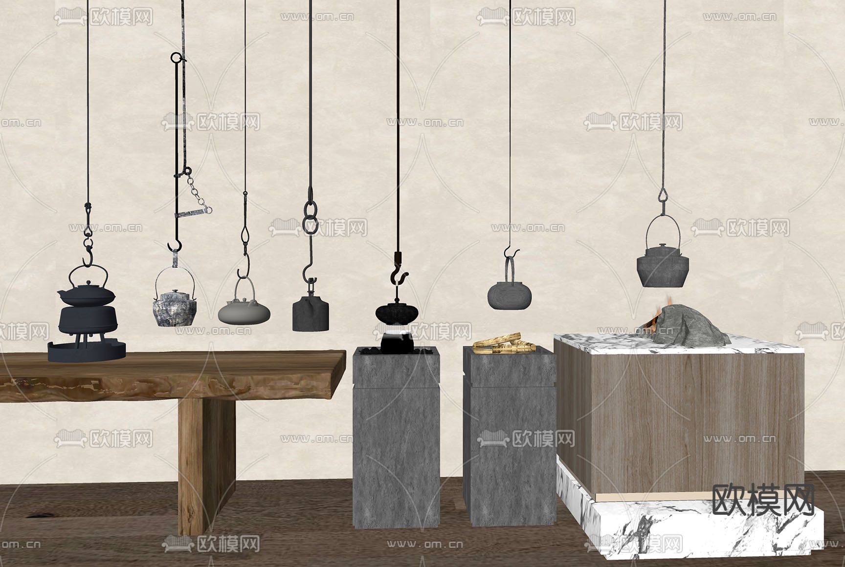 新中式悬挂茶壶  茶具su模型下载（渲染图1）