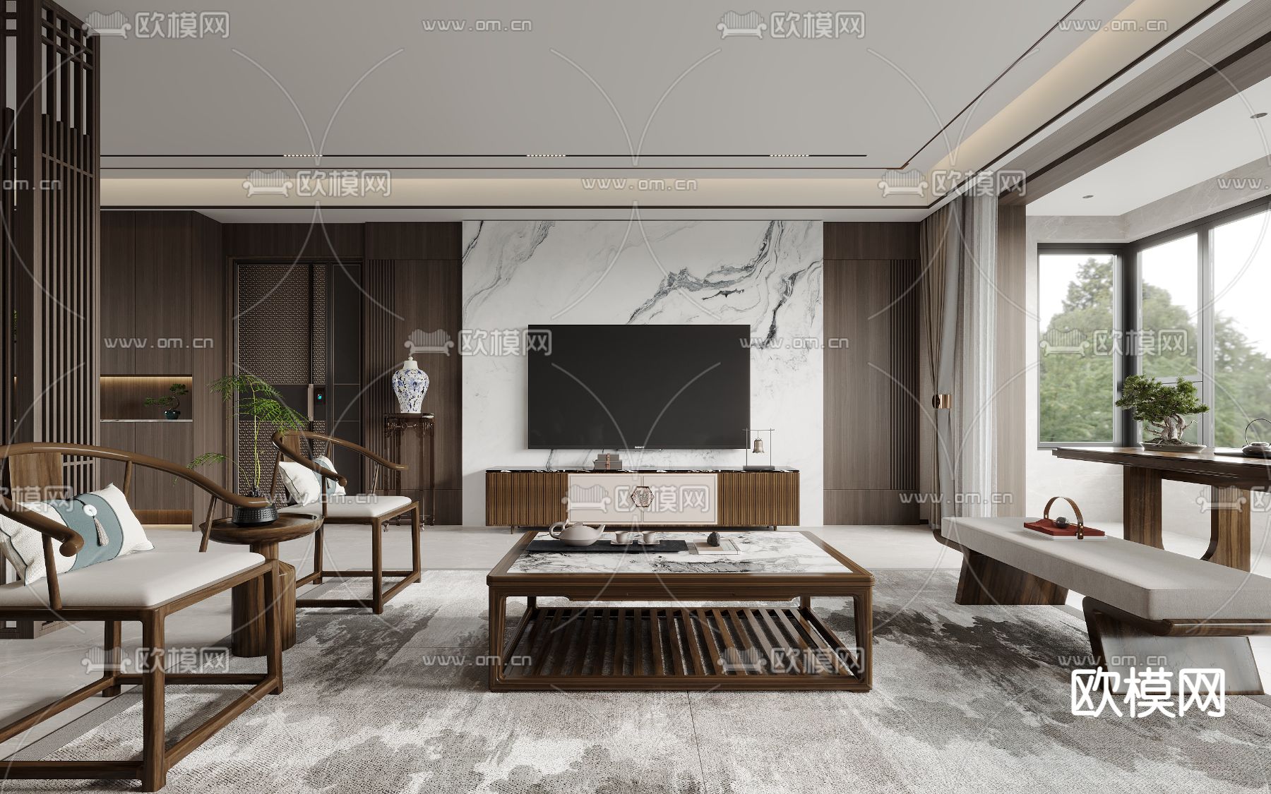 新中式客厅 餐厅3d模型下载（渲染图2）