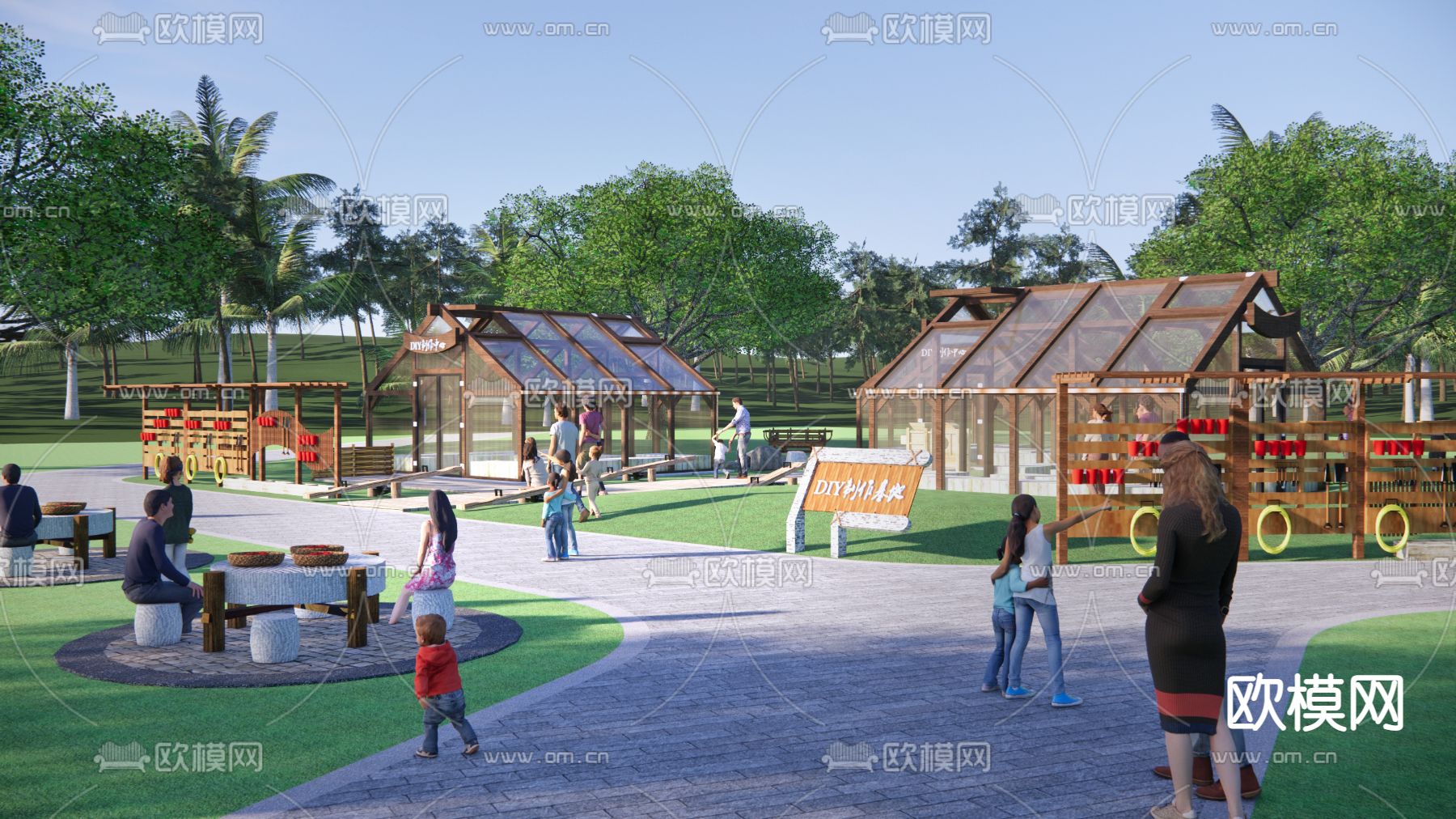 中式乡村公园景观su模型下载（渲染图2）