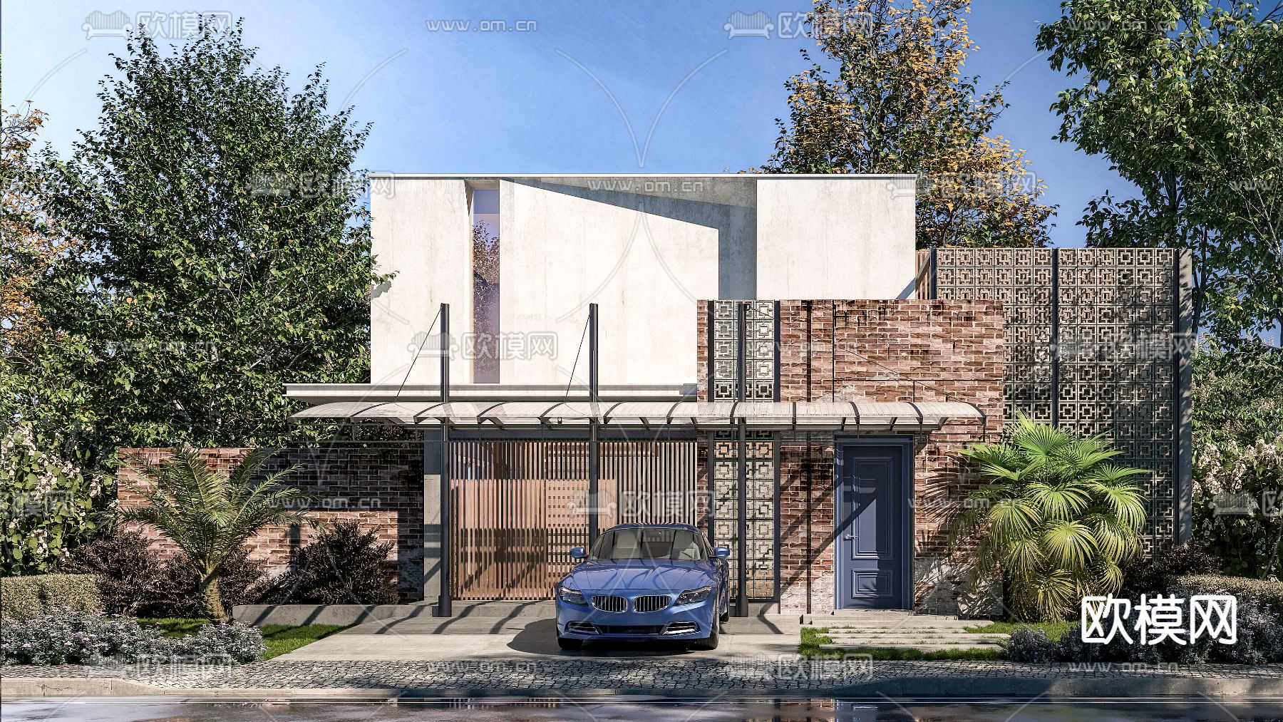 简美独栋别墅 建筑外观su模型下载（渲染图1）