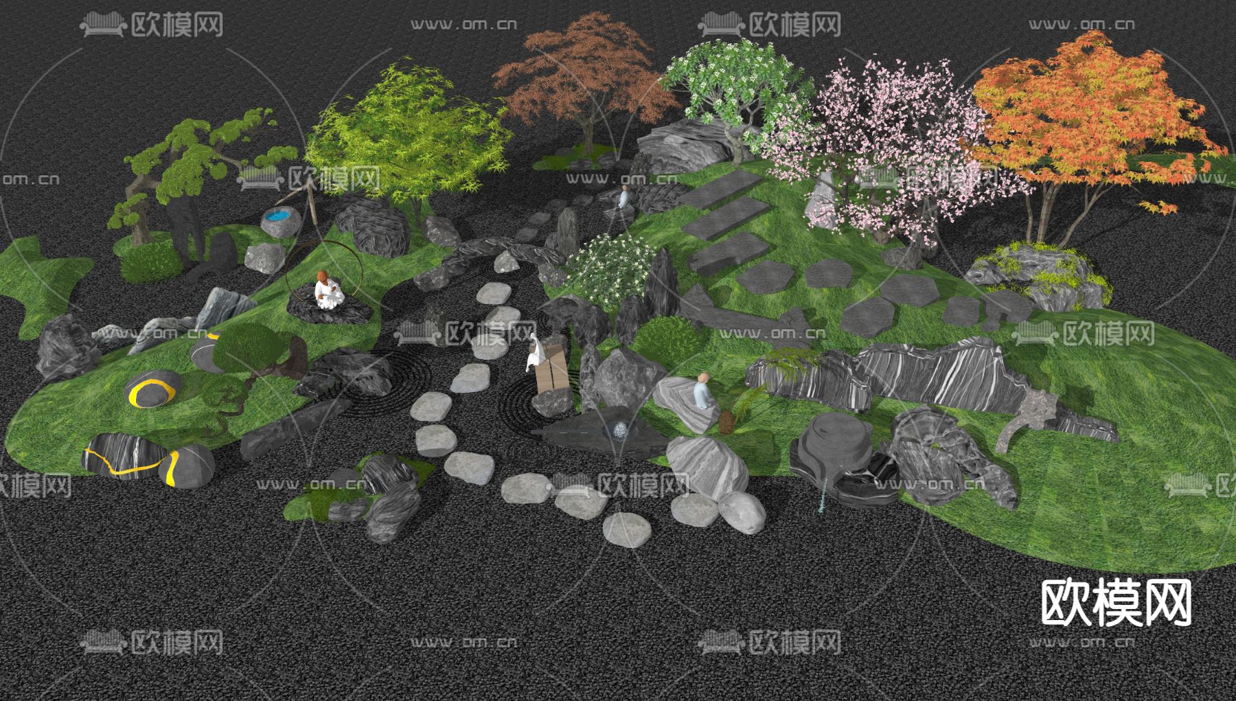 新中式汀步石庭院小品su模型