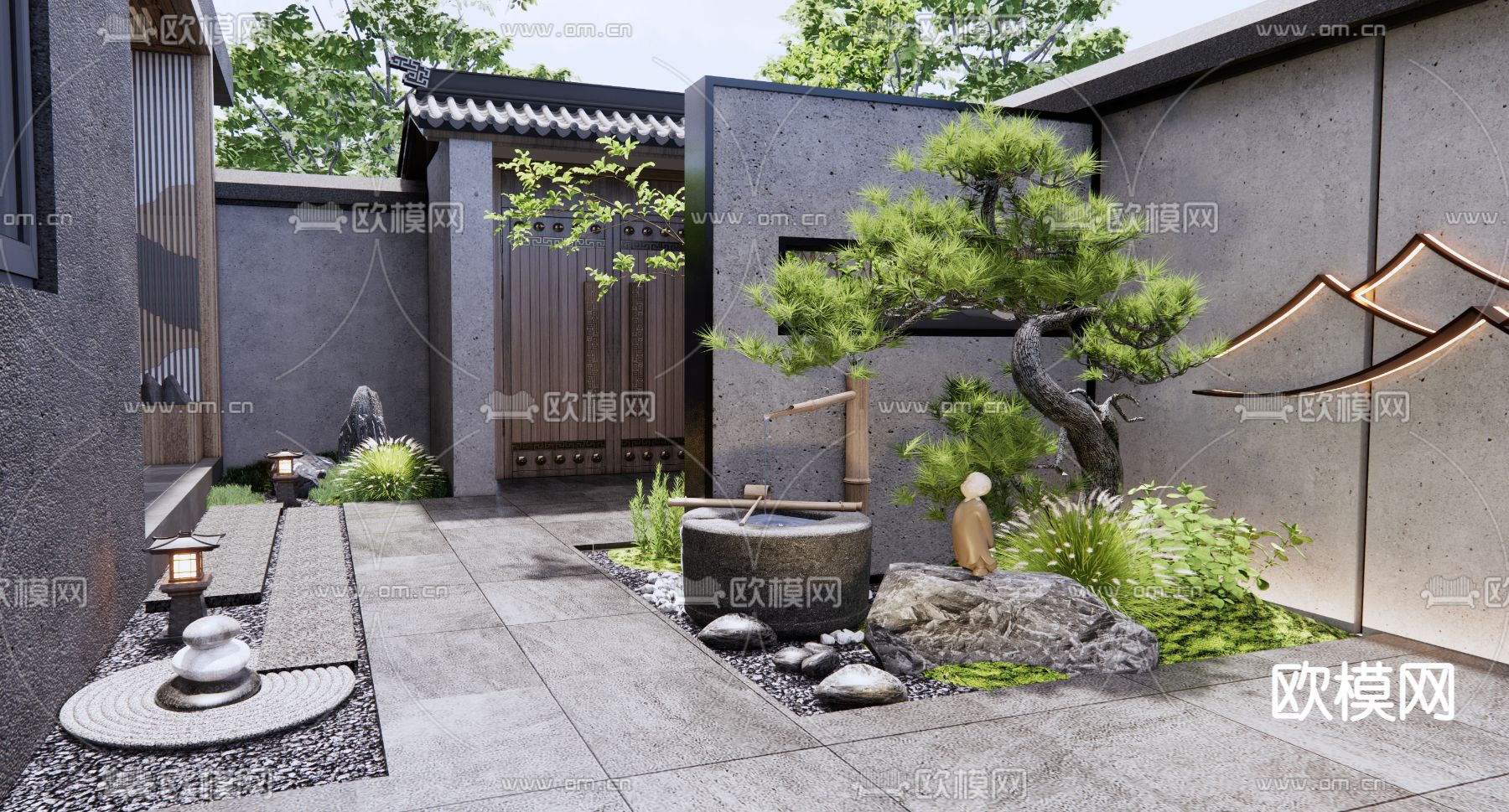 新中式花园庭院3d模型下载_ID12238476_3dmax免费模型-欧模网