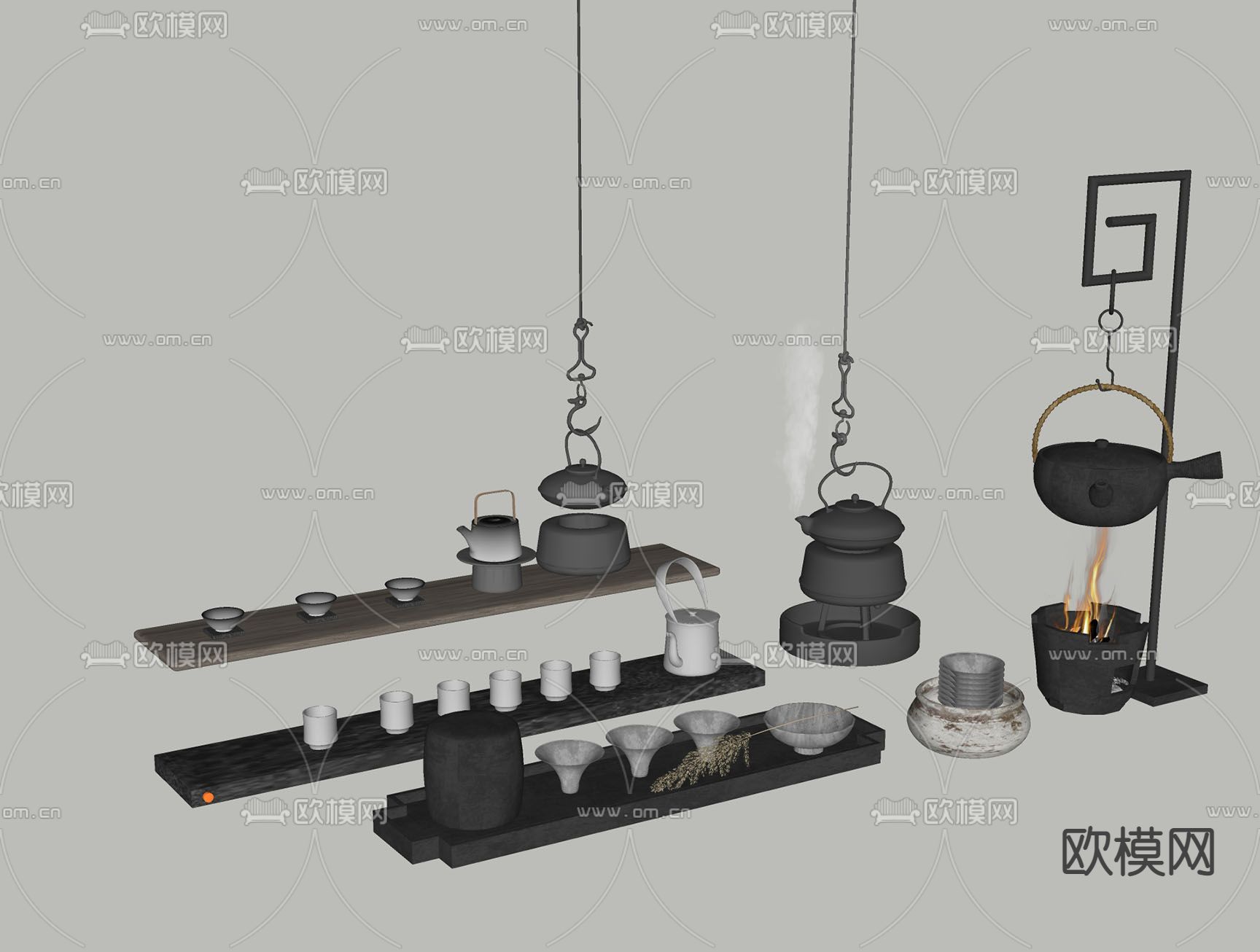 新中式悬挂茶壶  茶具 茶杯su模型下载（渲染图2）