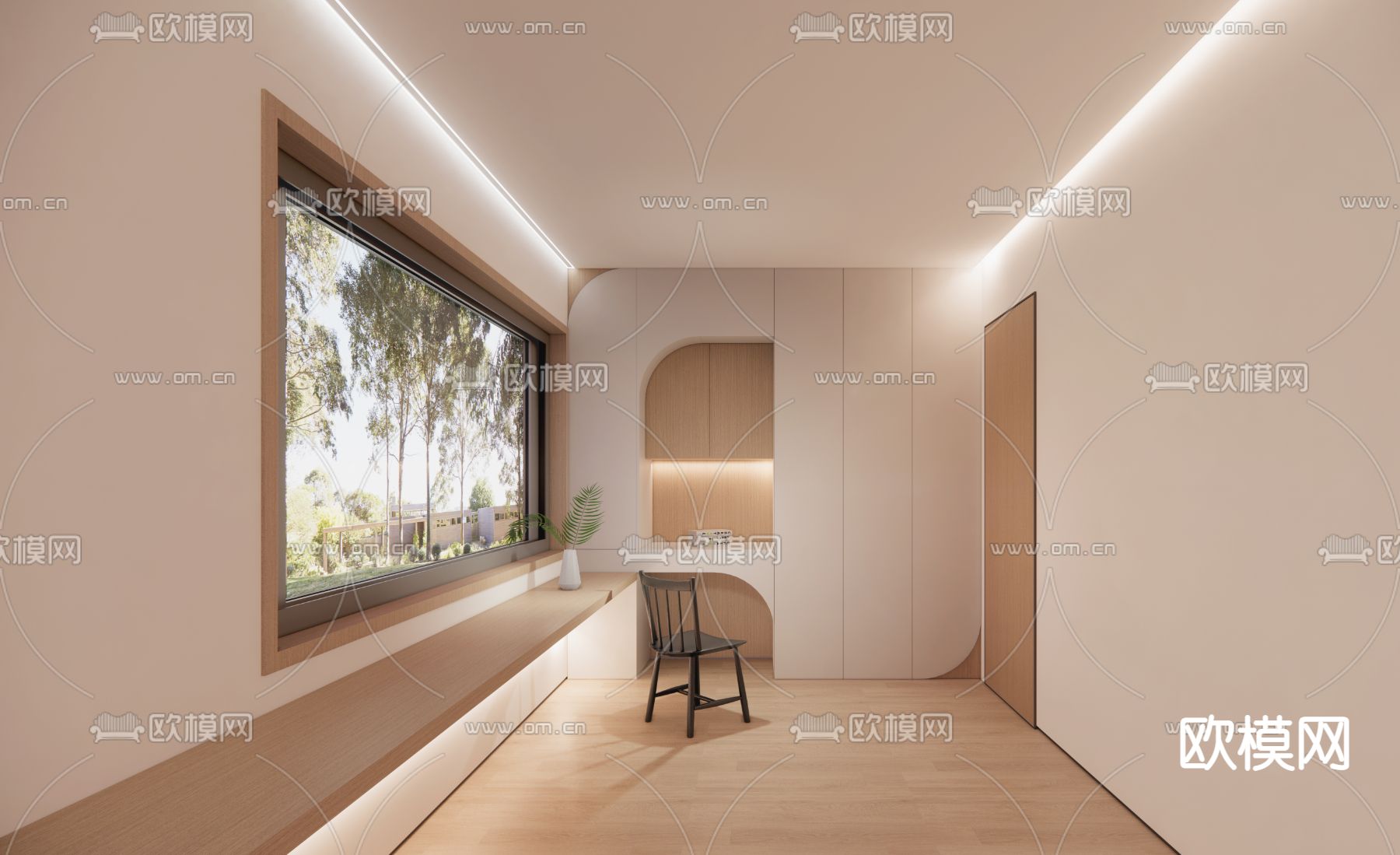 奶油风书房su模型下载（渲染图1）