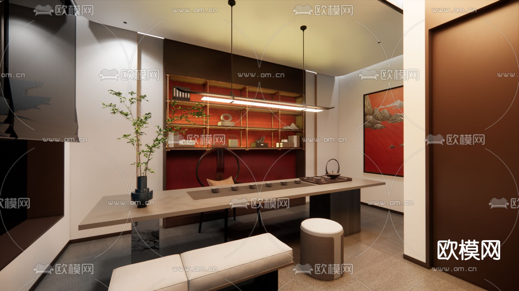 新中式茶室su模型下载（渲染图1）