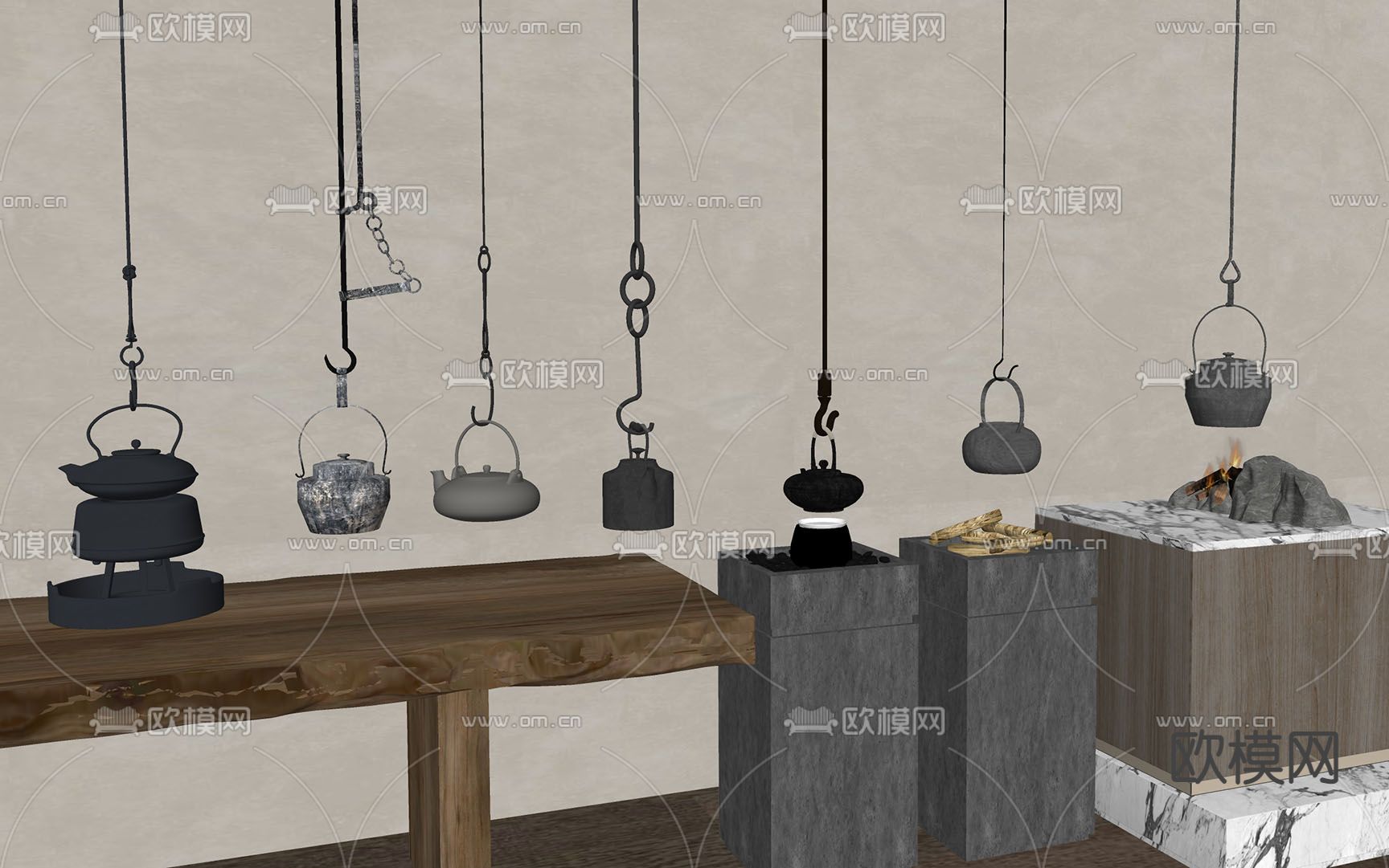 新中式悬挂茶壶  茶具su模型下载（渲染图2）