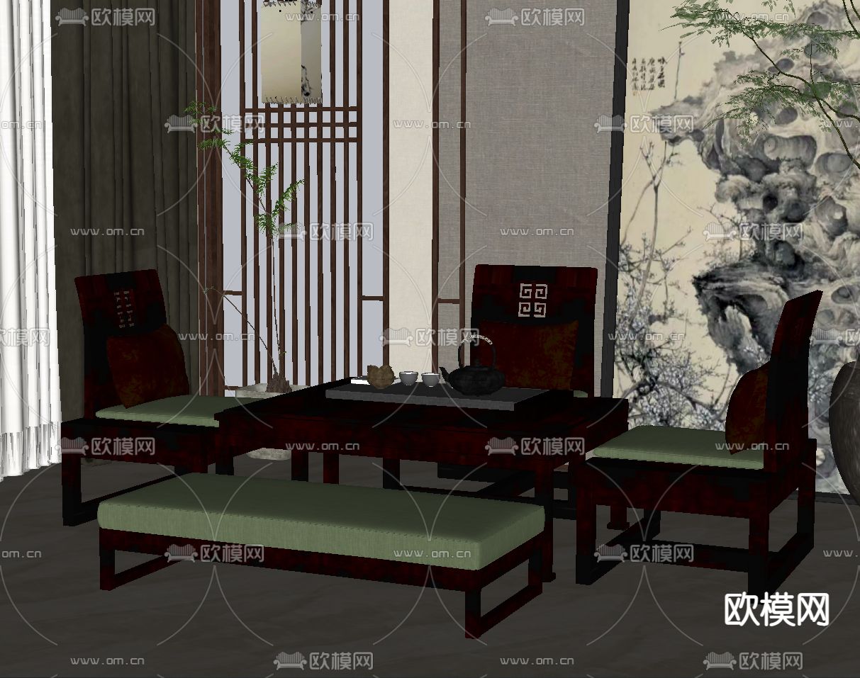 新中式茶桌椅组合su模型下载（渲染图2）