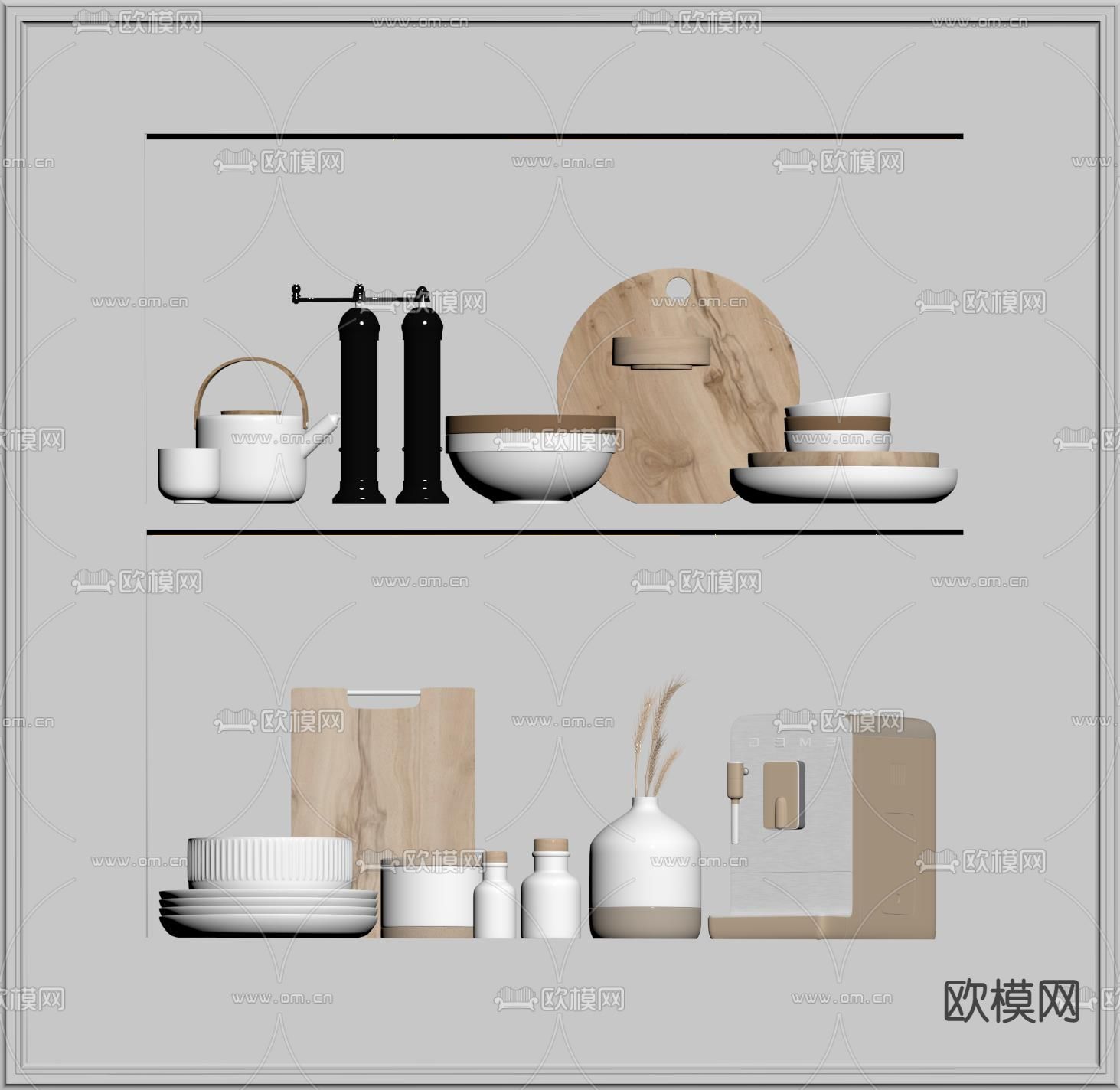 奶油风碗碟 厨房器具su模型下载（渲染图2）