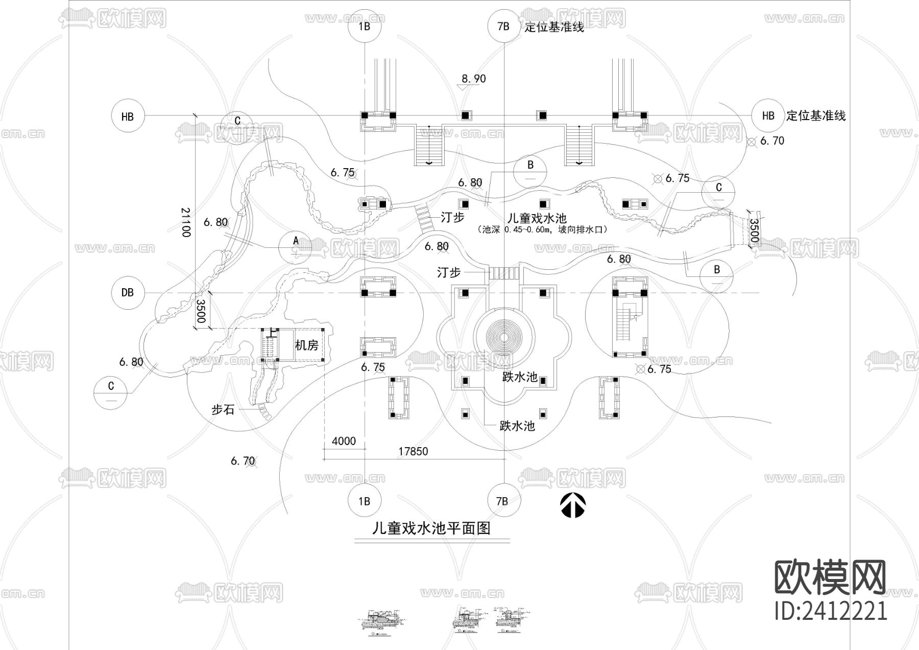 游泳池浴场cad平面图下载（渲染图2）